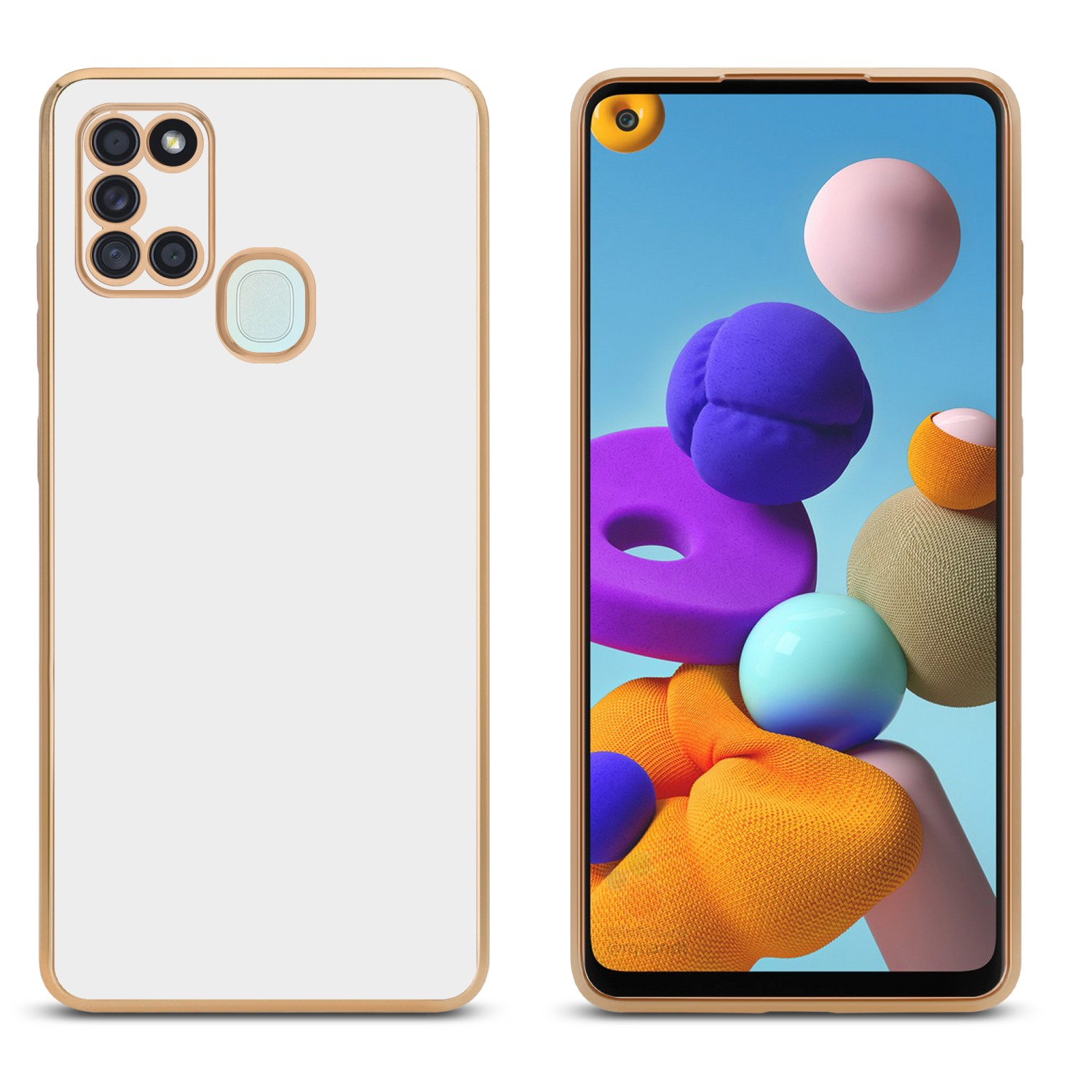 Weiße Handyhülle mit goldenem Rand neben einem Handy mit farbenfrohem, abstraktem Hintergrund.