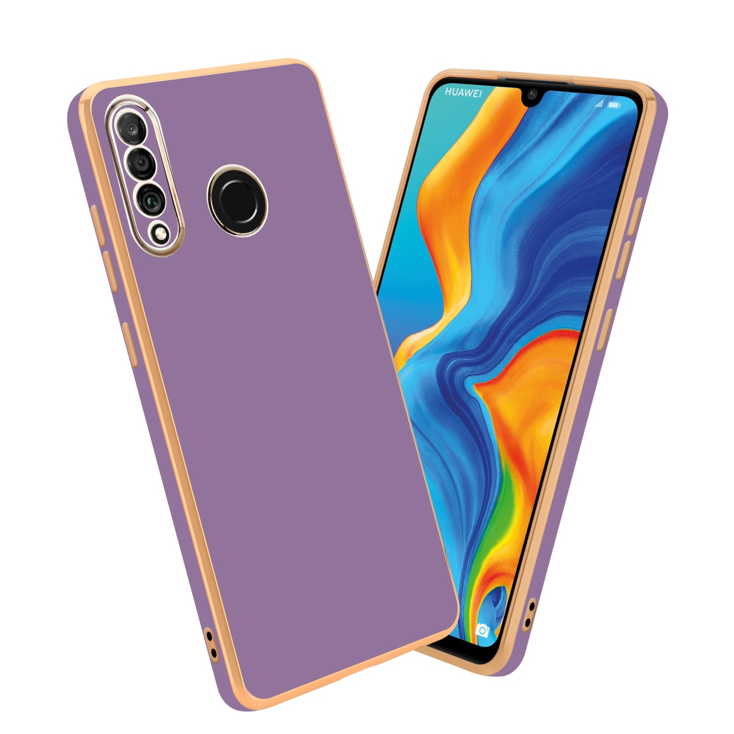 Zwei Handyhüllen, eine lila, die andere zeigt den Bildschirm des Telefons mit blauem und orangefarbenem Hintergrund.