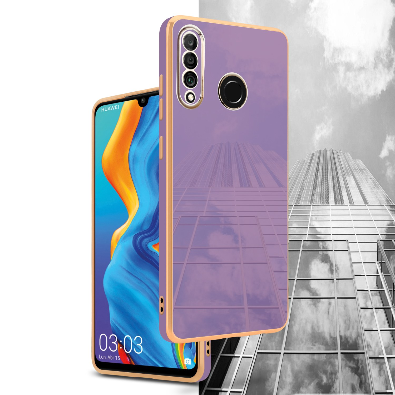 Ein Telefon mit Hülle, die eine Stadtansicht reflektiert. Ein geteiltes Bild mit der Stadt.