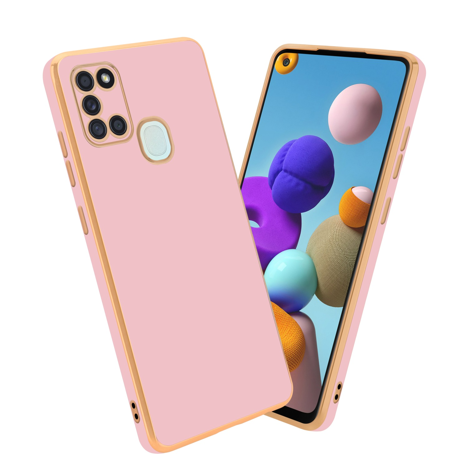 Rosa Handyhülle mit Goldkanten und Ring. Ein Telefon mit bunten Objekten liegt daneben.