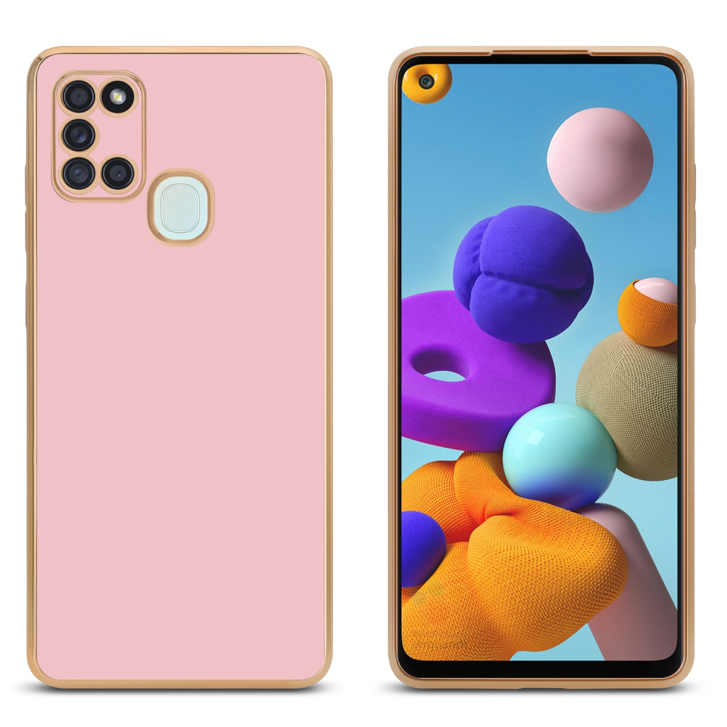 Rosa Handyhülle mit einem Telefonbildschirm mit bunten abstrakten Formen.