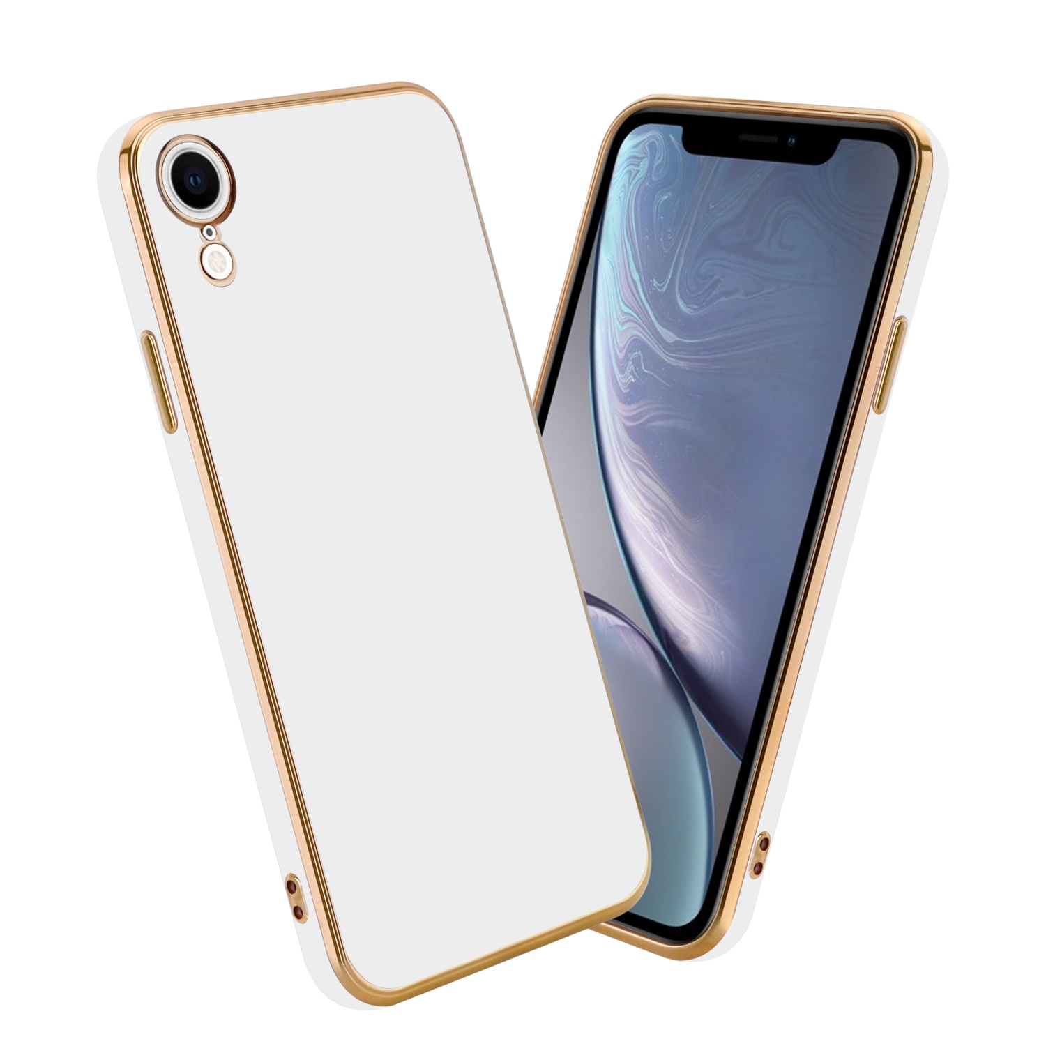 Weiße Handyhülle mit goldenem Rand und ein Handy. Das Telefon befindet sich in der Hülle und ein bisschen draußen.