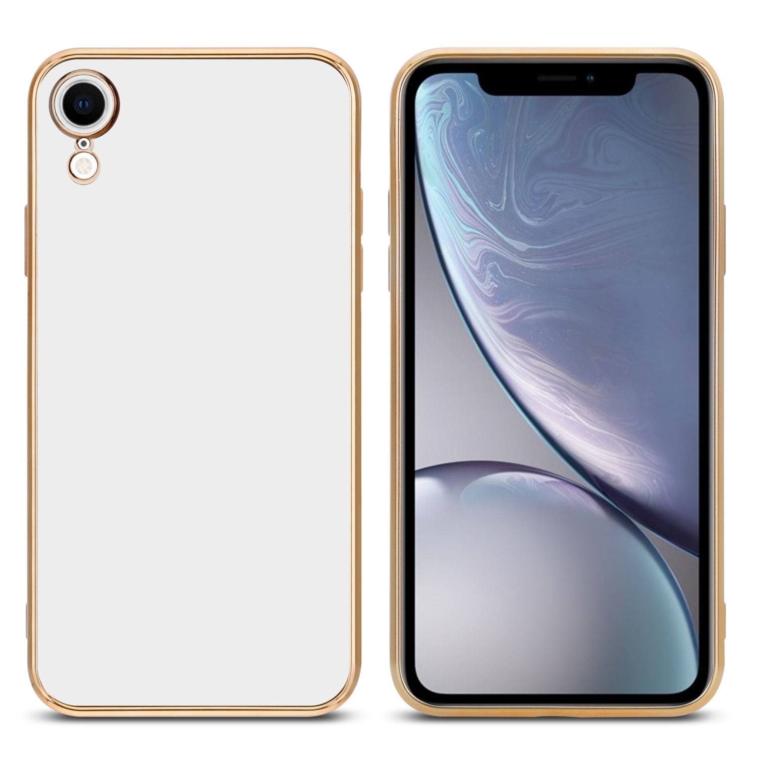 Goldene Handyhülle mit weißer Rückseite und ein Telefonbildschirm mit goldenem Rand.