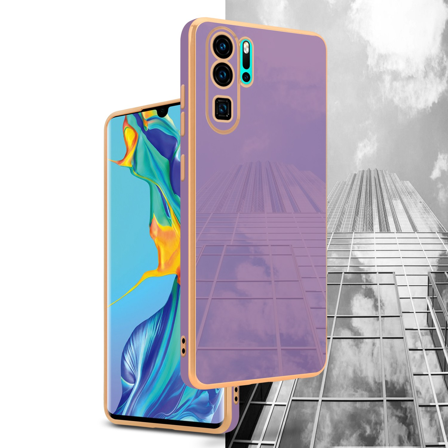 Ein Telefon mit lila Hülle und Bildschirm, das ein hohes Gebäude widerspiegelt, mit grauem Hintergrund.