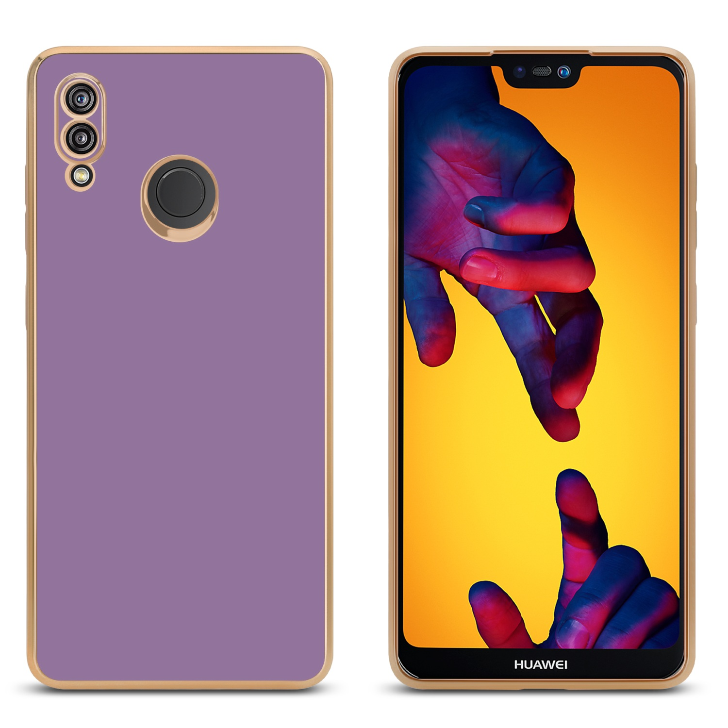 Un étui de téléphone violet avec une bordure dorée. L'écran du téléphone affiche une photo de mains.