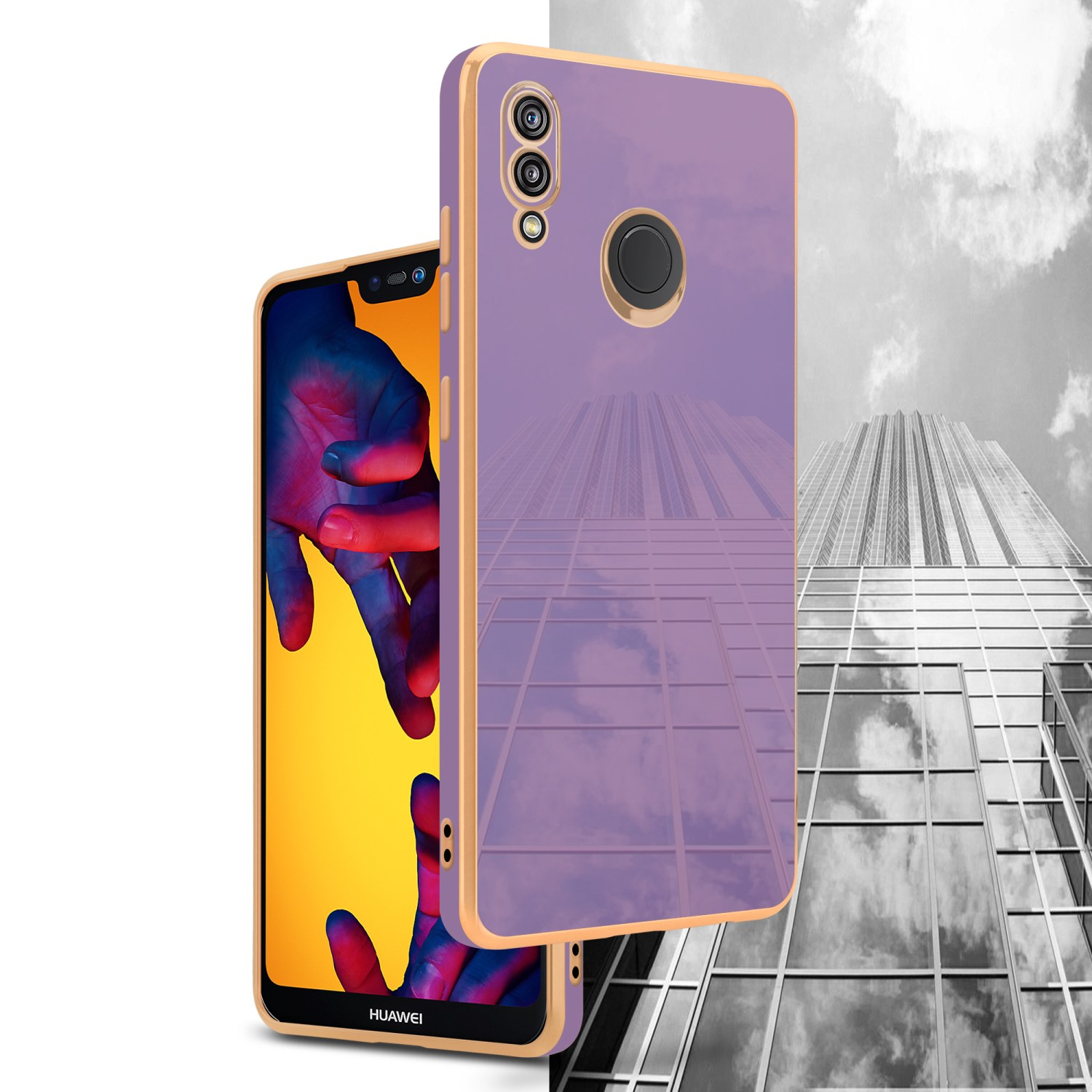 Deux coques de téléphone. L'une est violette, avec un bâtiment en arrière-plan. L'autre montre l'écran.