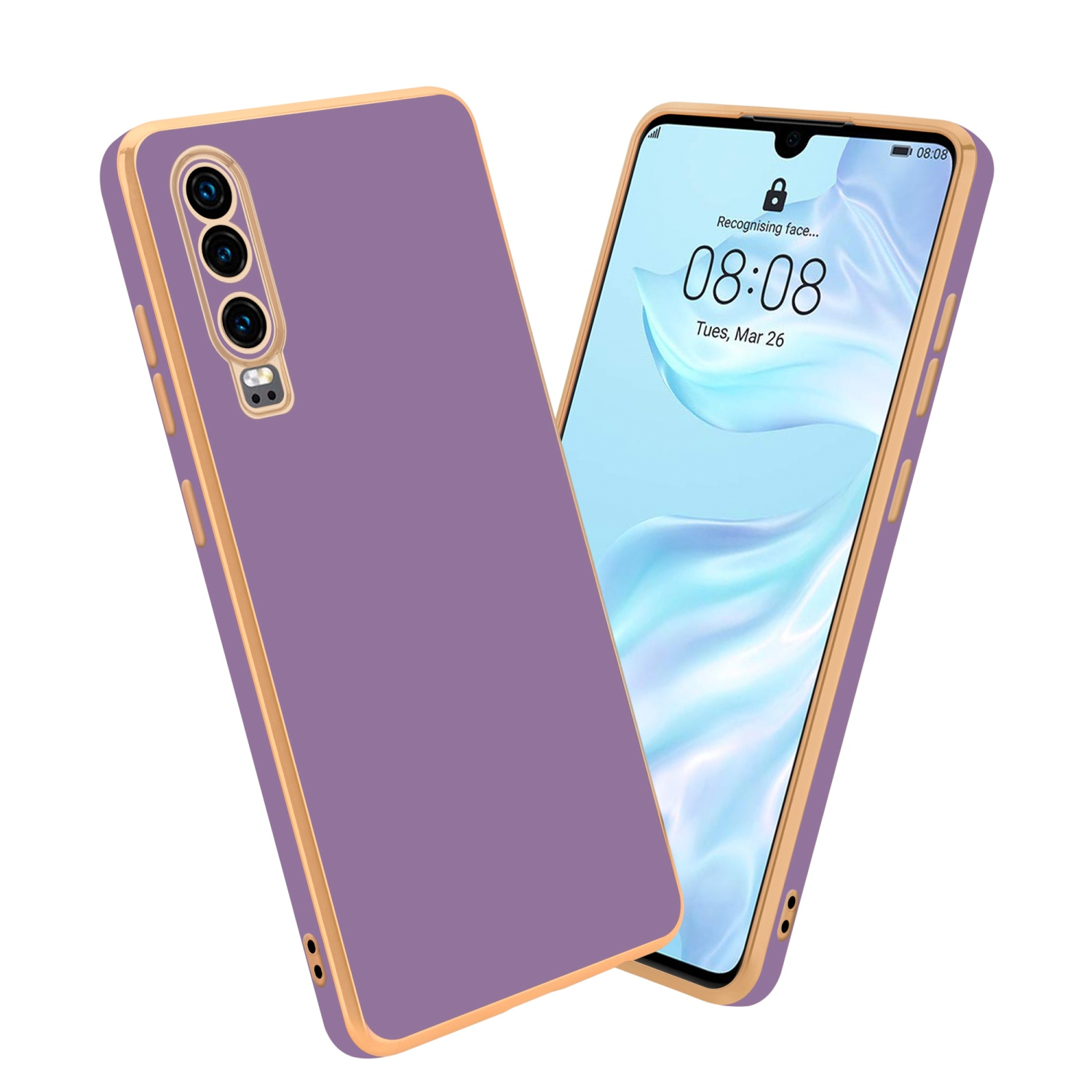 Lila Telefon und Hülle. Goldener Rand an der Hülle. Telefon zeigt 8:08 und Gesichtserkennung.