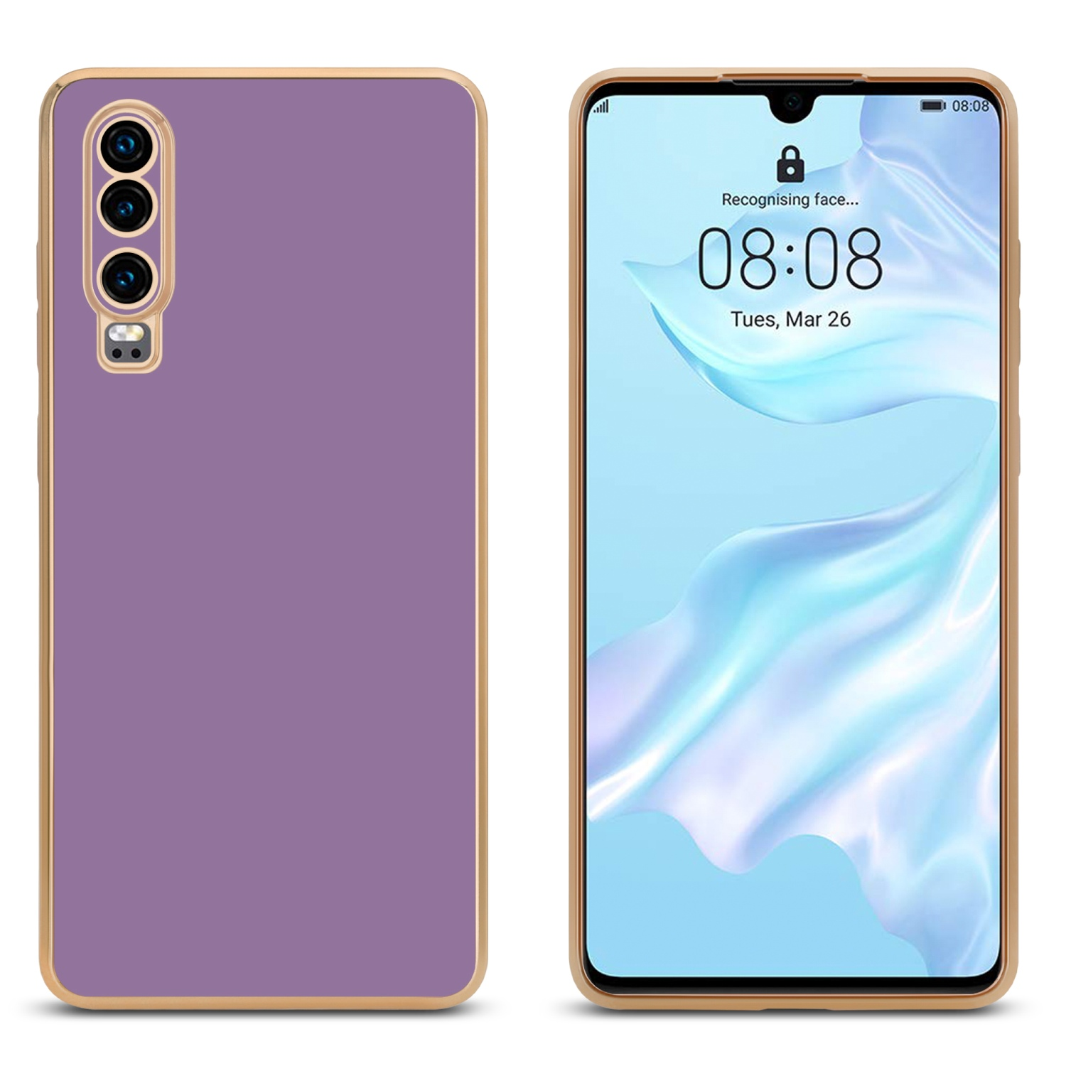 Telefon mit Hülle, lila Rückseite mit Goldbesatz, zeigt Uhrzeit und Datum.