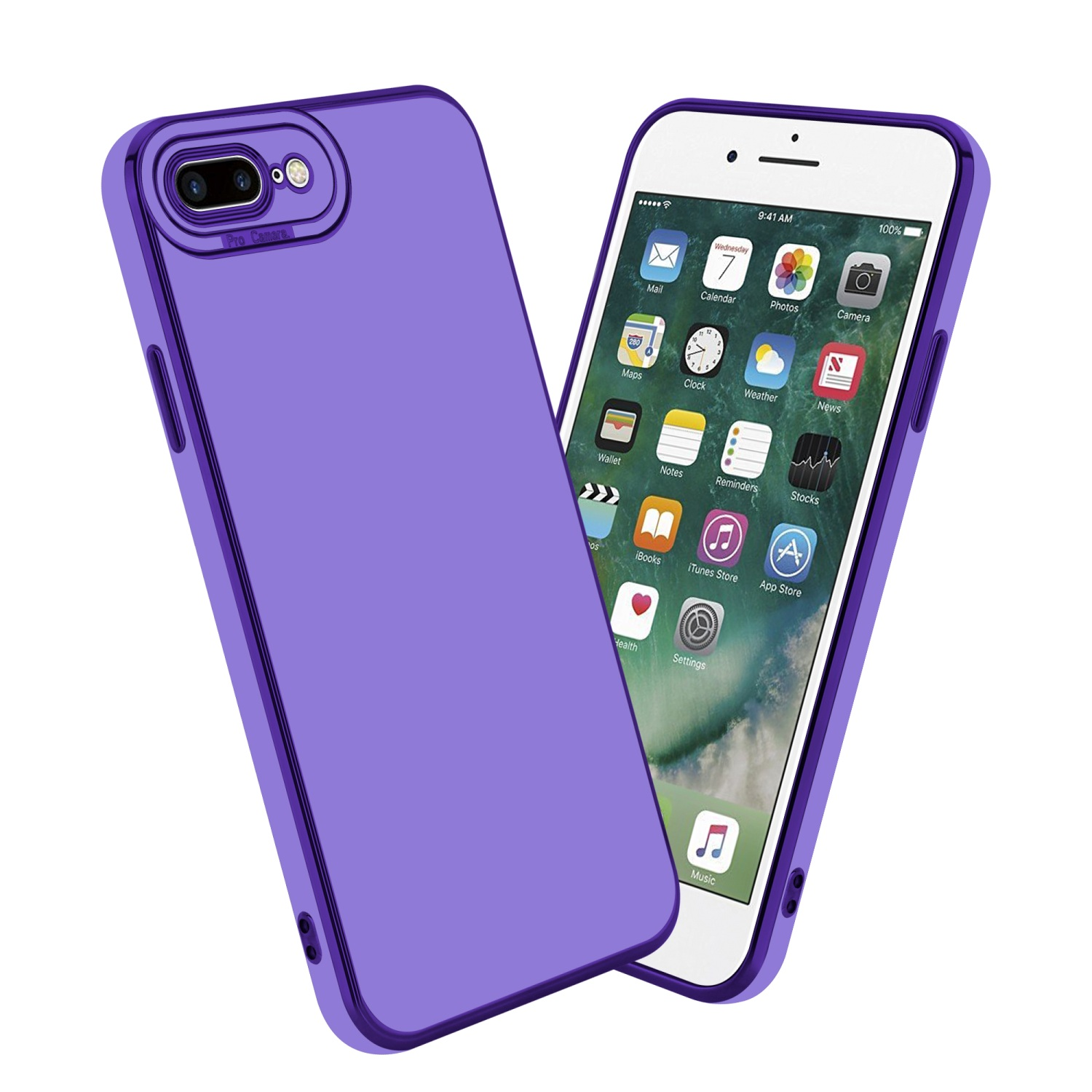 Zwei lila Handyhüllen, eine bedeckt das Telefon, die andere zeigt den Telefonbildschirm.