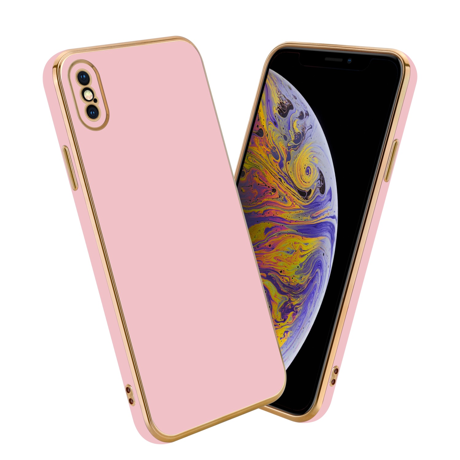Rosa Handyhülle mit goldenen Rändern. Telefon ist innen, zeigt bunten Hintergrund.