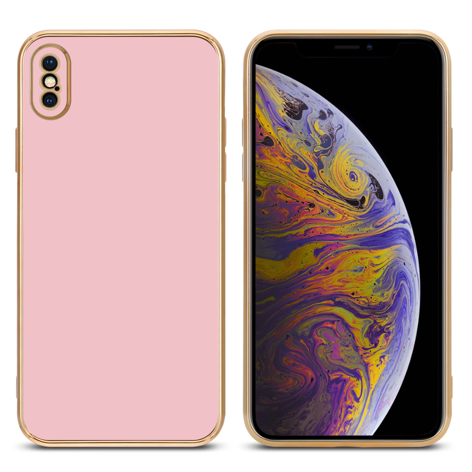 Zwei Telefone, eines mit pinkfarbener Hülle, eines mit buntem Design auf dem Bildschirm.