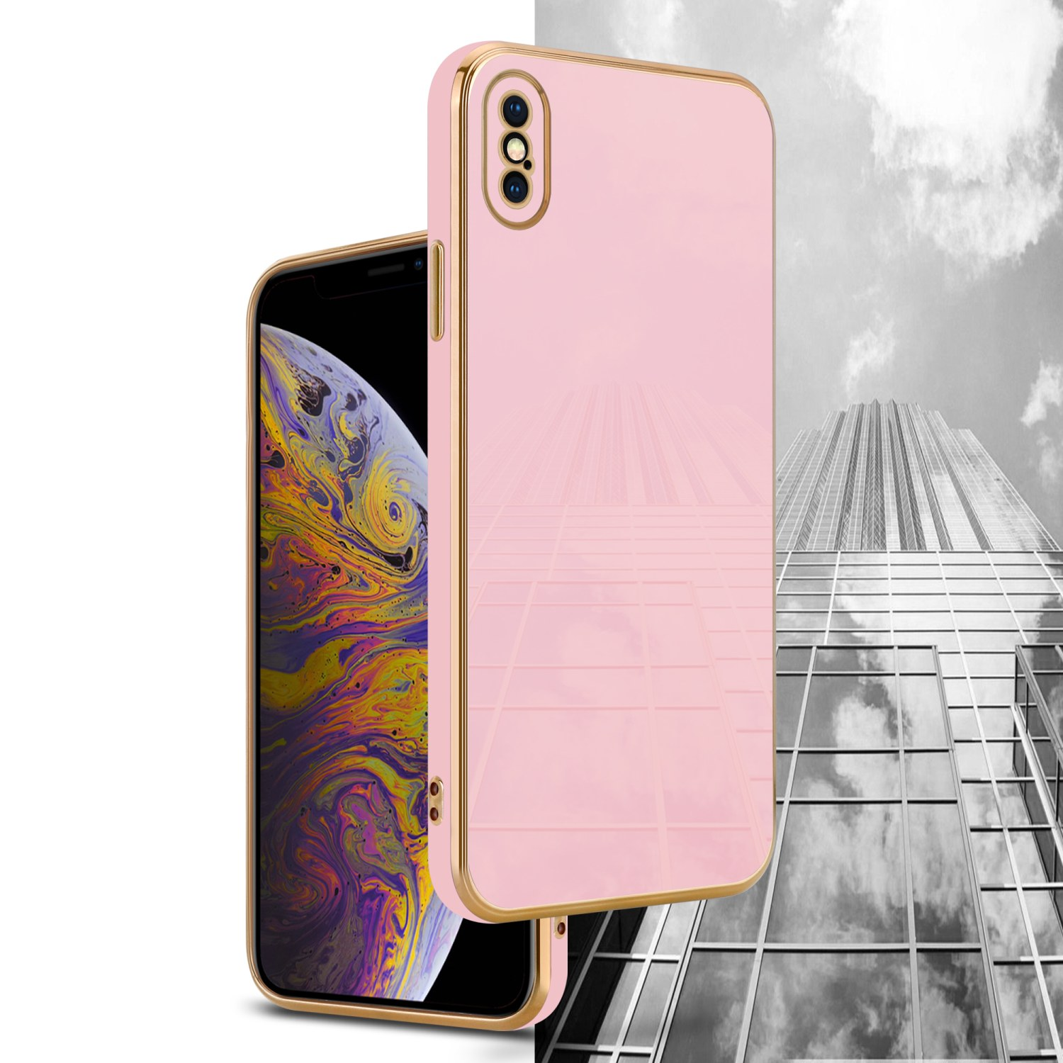 Handyhülle Backcover, Kameraschutz, Rosa XS MAX, Gold iPhone Apple, - CADORABO mit Glossy