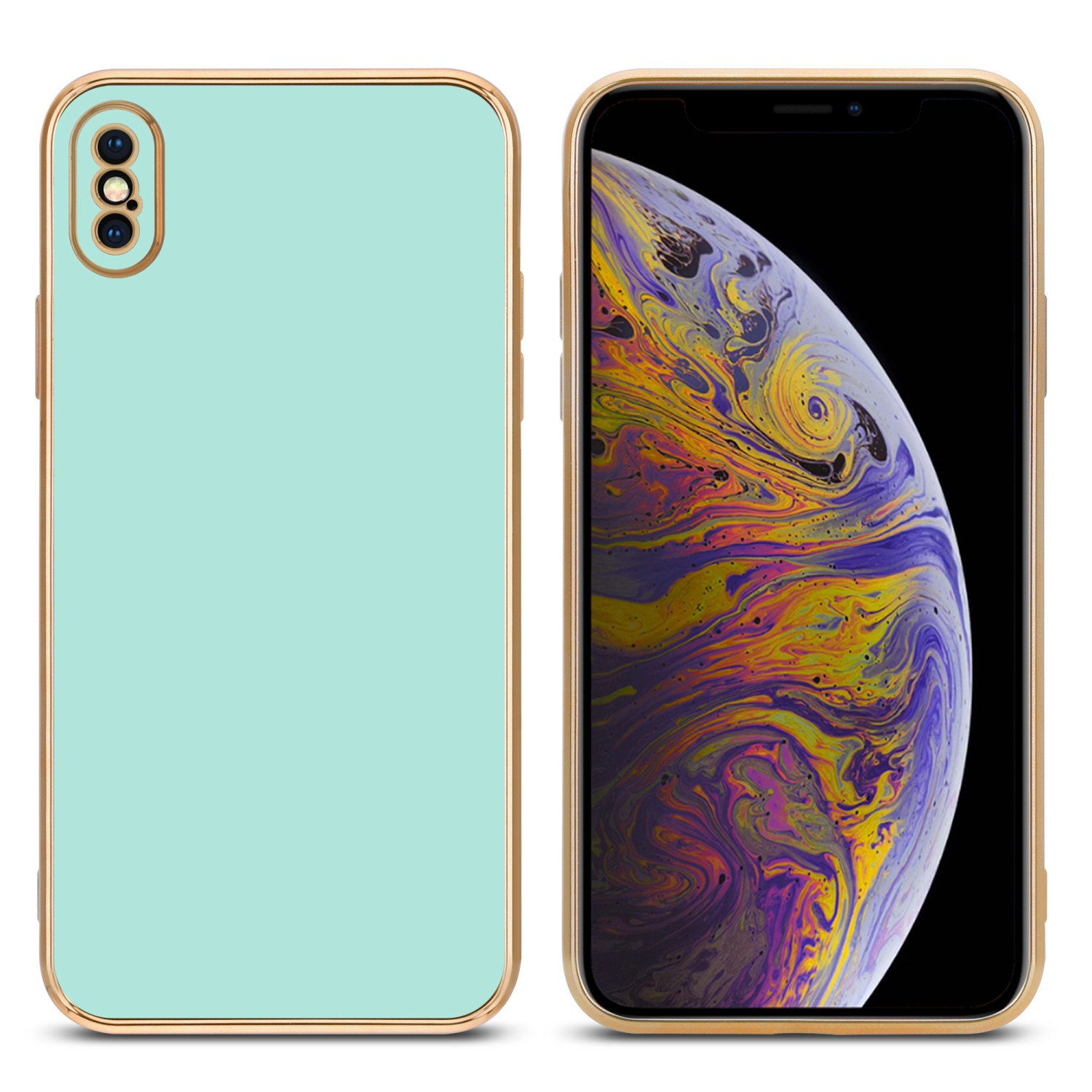 Minzgrüne Handyhülle und Telefon mit farbenfrohem Hintergrundbild. Die Hülle ist gold.