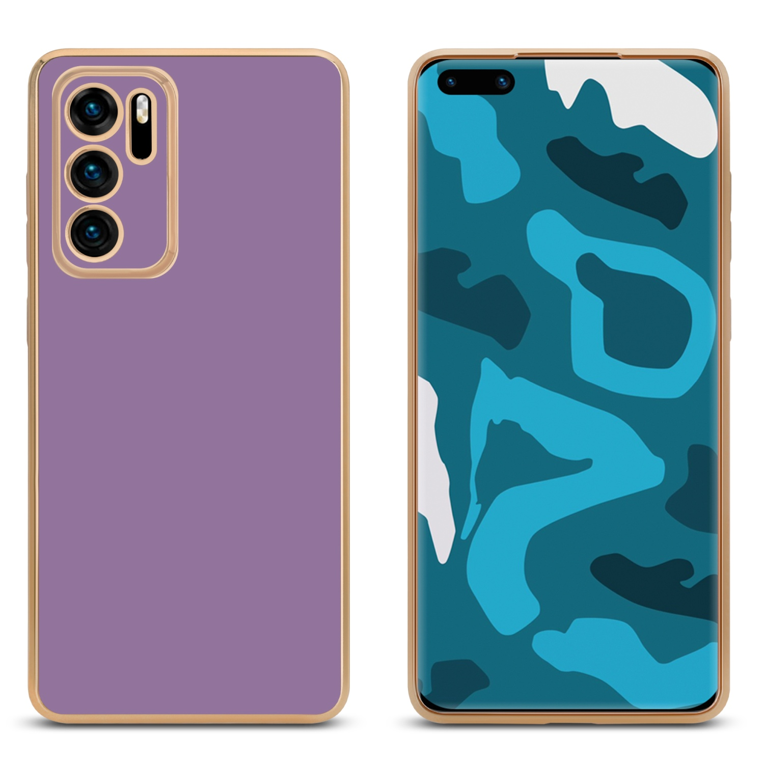 Zwei Telefone mit Hüllen. Eines ist lila, das andere hat ein blaues Camouflage-Design.