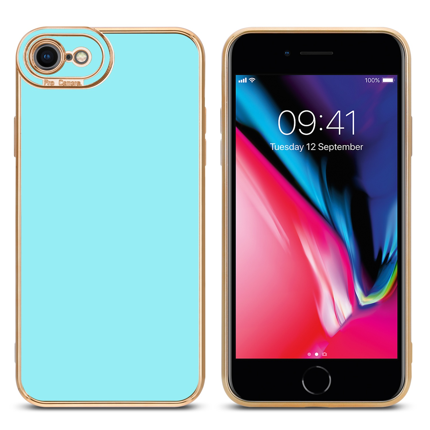 Zwei Telefone, eines mit hellblauem Rücken und goldenen Zierleisten, das andere zeigt den Bildschirm.