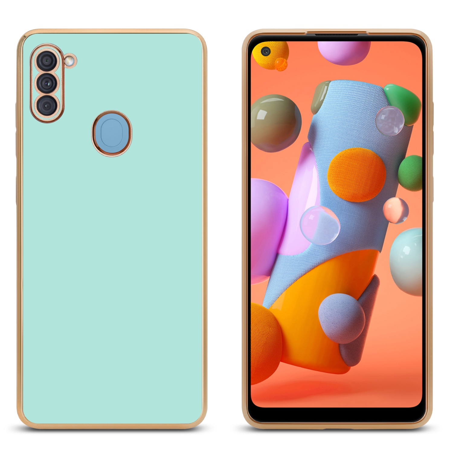 Minze Handyhülle mit goldenem Rand und Telefonbildschirm rechts, abstrakte Kunst.