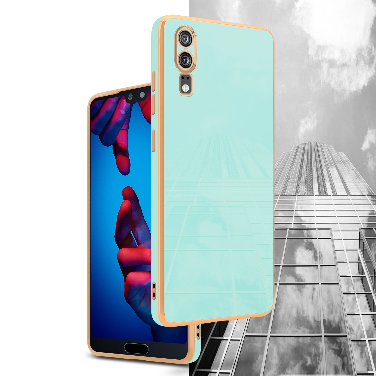 Telefon und Hülle, mintgrüne Farbe, goldfarbener Zierrat. Gebäudehintergrund in Schwarzweiß.