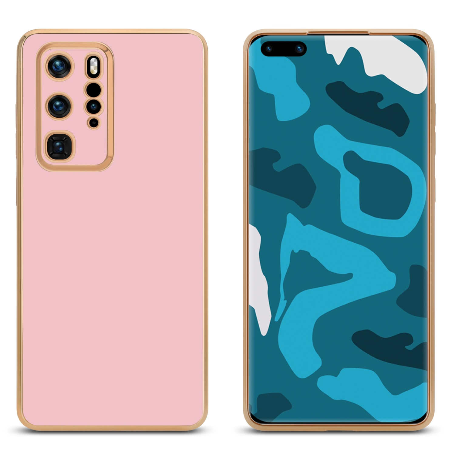 Zwei Telefone mit goldenem Rand. Das erste ist rosa. Das zweite hat ein blaues Tarnmuster auf dem Bildschirm.