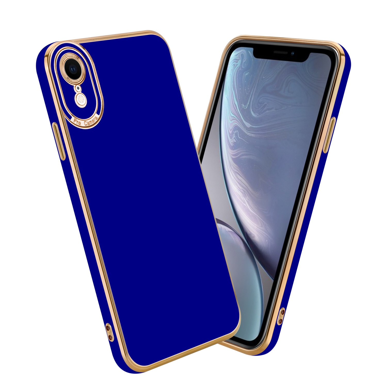 CADORABO Schutzhülle mit Kameraschutz, Blau Glossy XR, - Gold Apple, Rosé iPhone Backcover