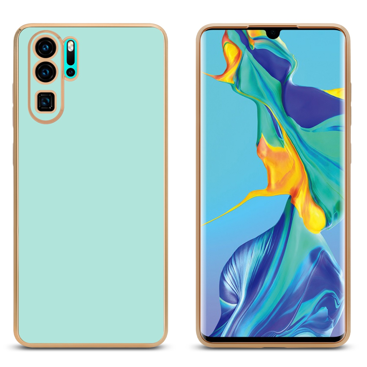 Zwei Telefone, eines mit hellgrüner Rückseite und Goldrand und eines mit Display.