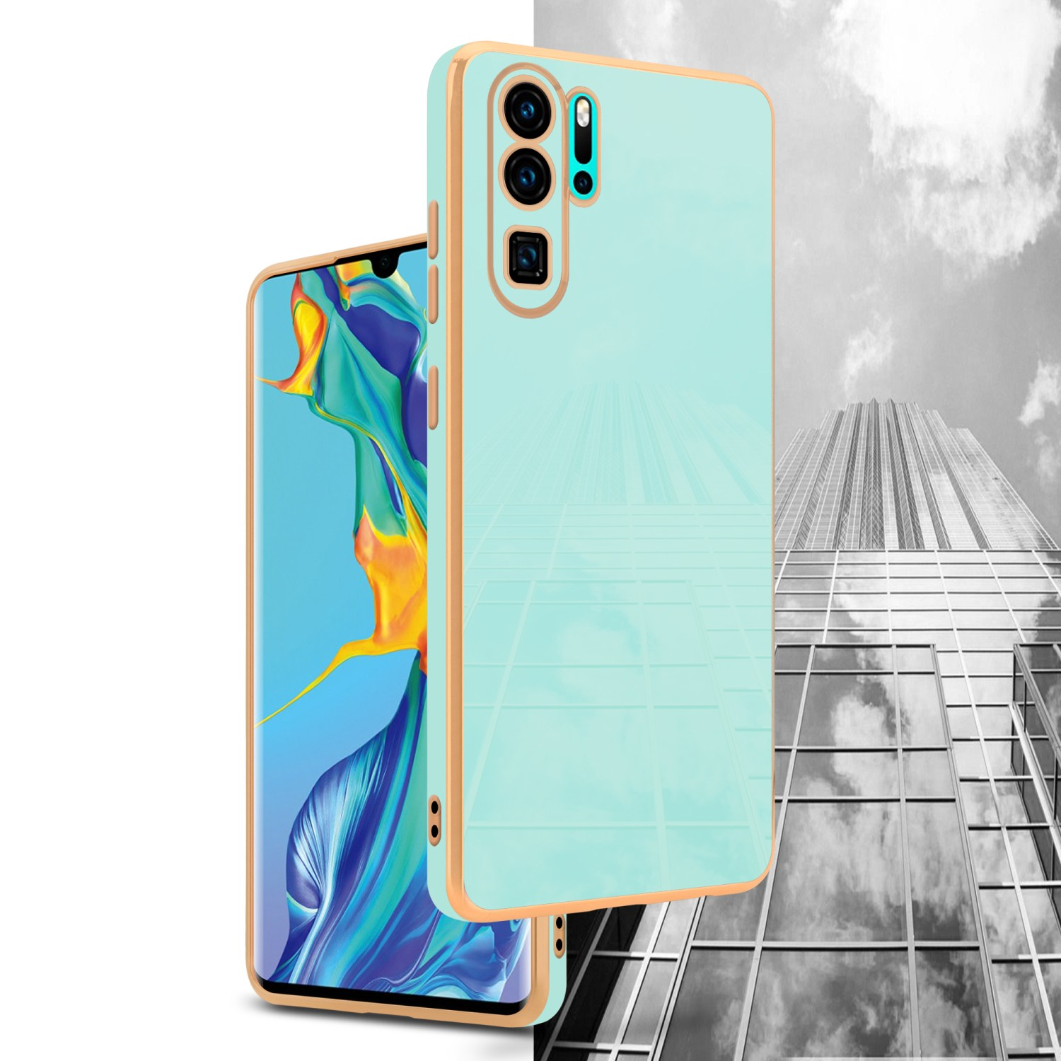 Ein Telefon und eine Hülle werden angezeigt. Das Telefon hat einen blauen Bildschirm und einen goldenen Rand. Die Hülle ist hellblau.