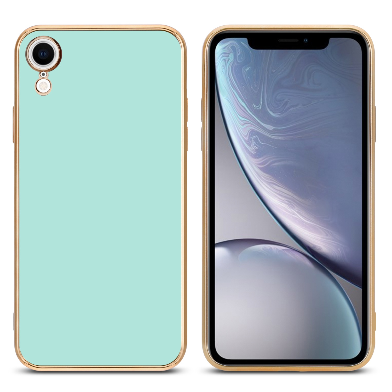 Zwei Handys mit Hüllen. Eines ist mintgrün, goldfarbener Rahmen. Das andere zeigt einen Bildschirm mit einem wellenförmigen, blauen Design.