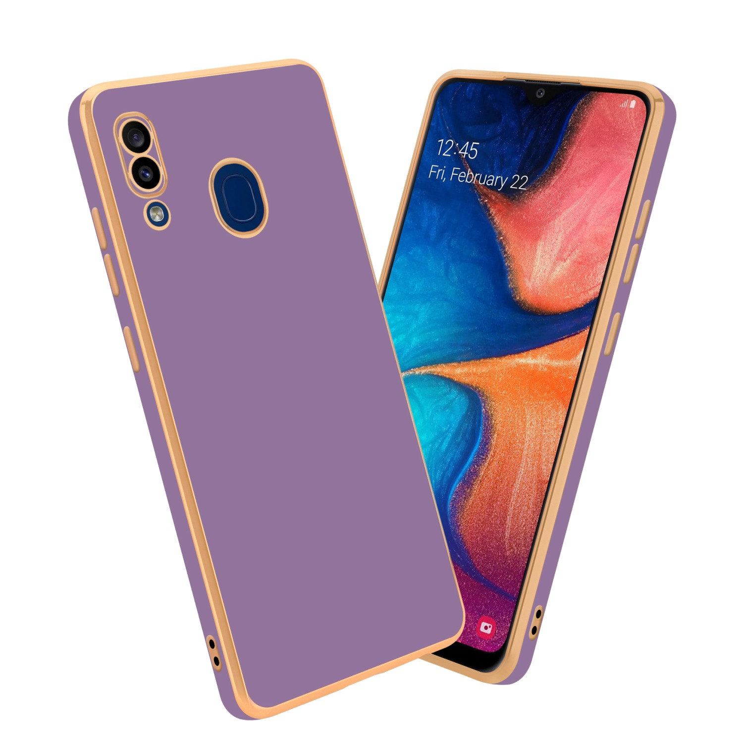 Zwei Telefone, lila Hülle mit Goldbesatz und ein Bildschirm mit sichtbarem Datum.