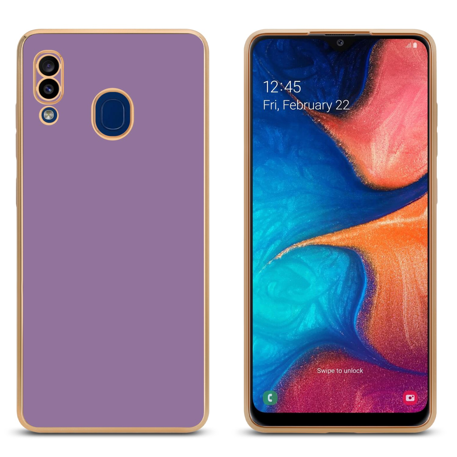 Eine Handyhülle neben einem Telefon. Beide sind lavendelfarben mit goldfarbenem Rand.