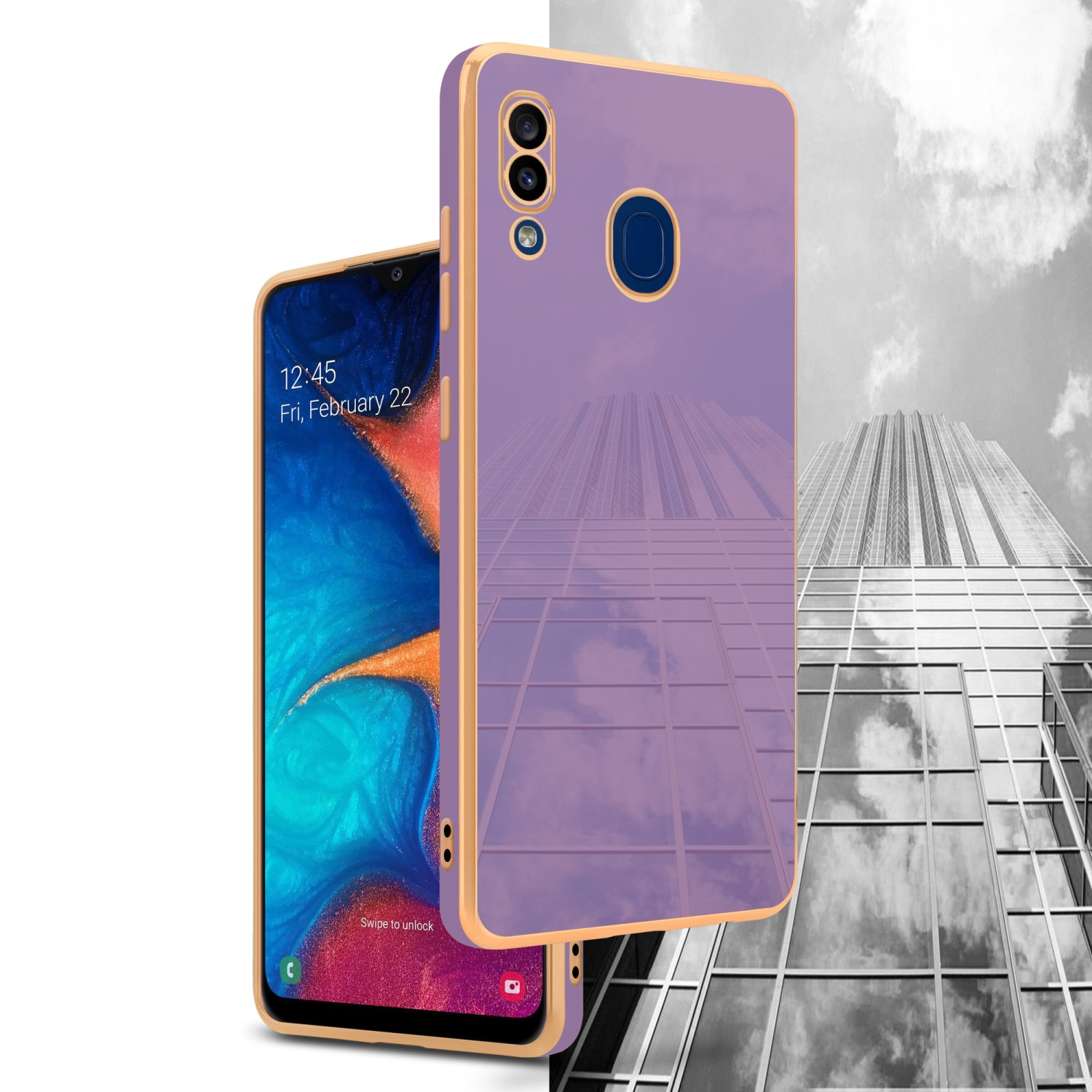 Zwei Telefone und ein Gebäude. Ein Telefon zeigt den Bildschirm, das andere die Hülle. Ein Gebäude im Hintergrund.