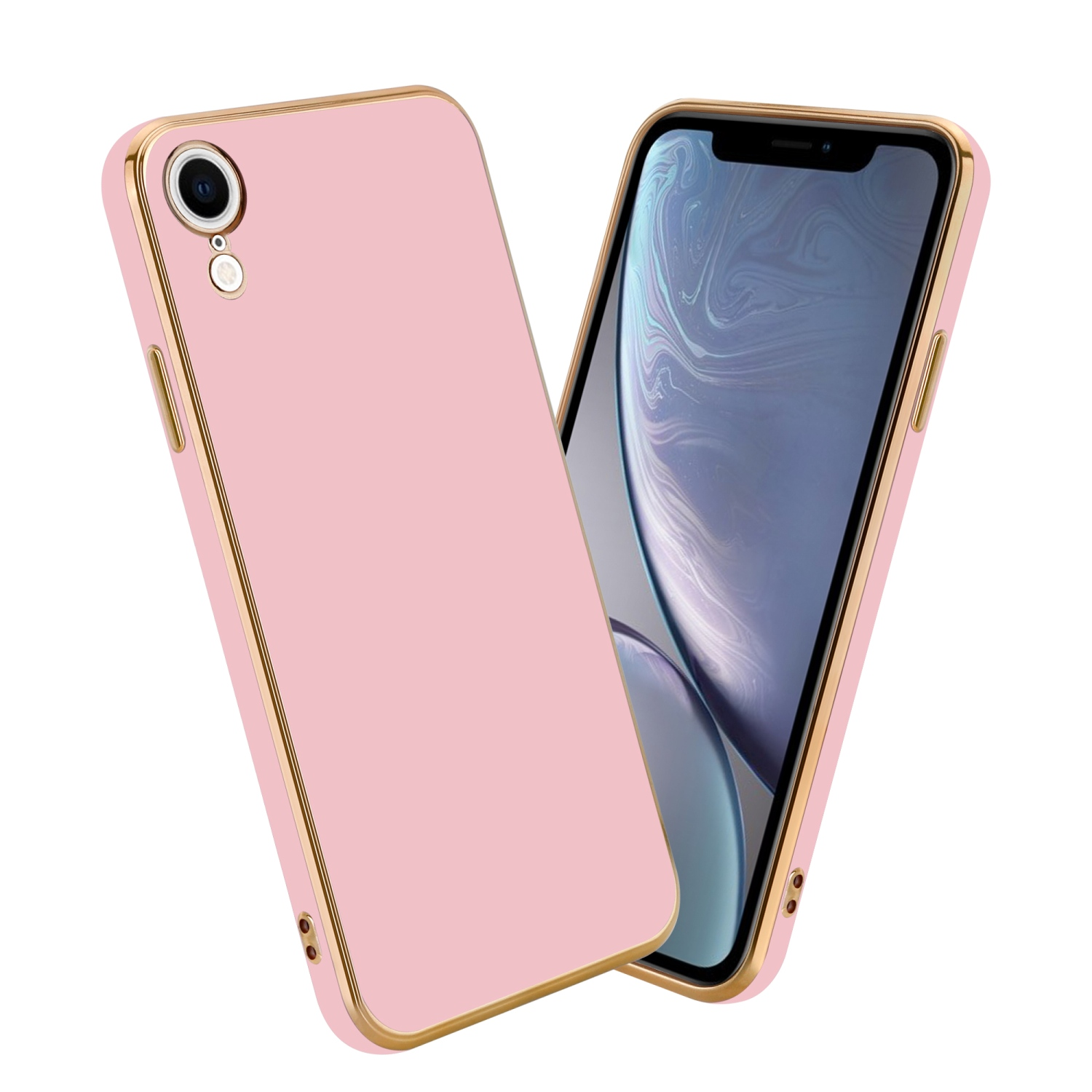 Rosa Handyhülle mit goldfarbenem Rand, abgewinkelt auf weißem Hintergrund mit einem Telefon.