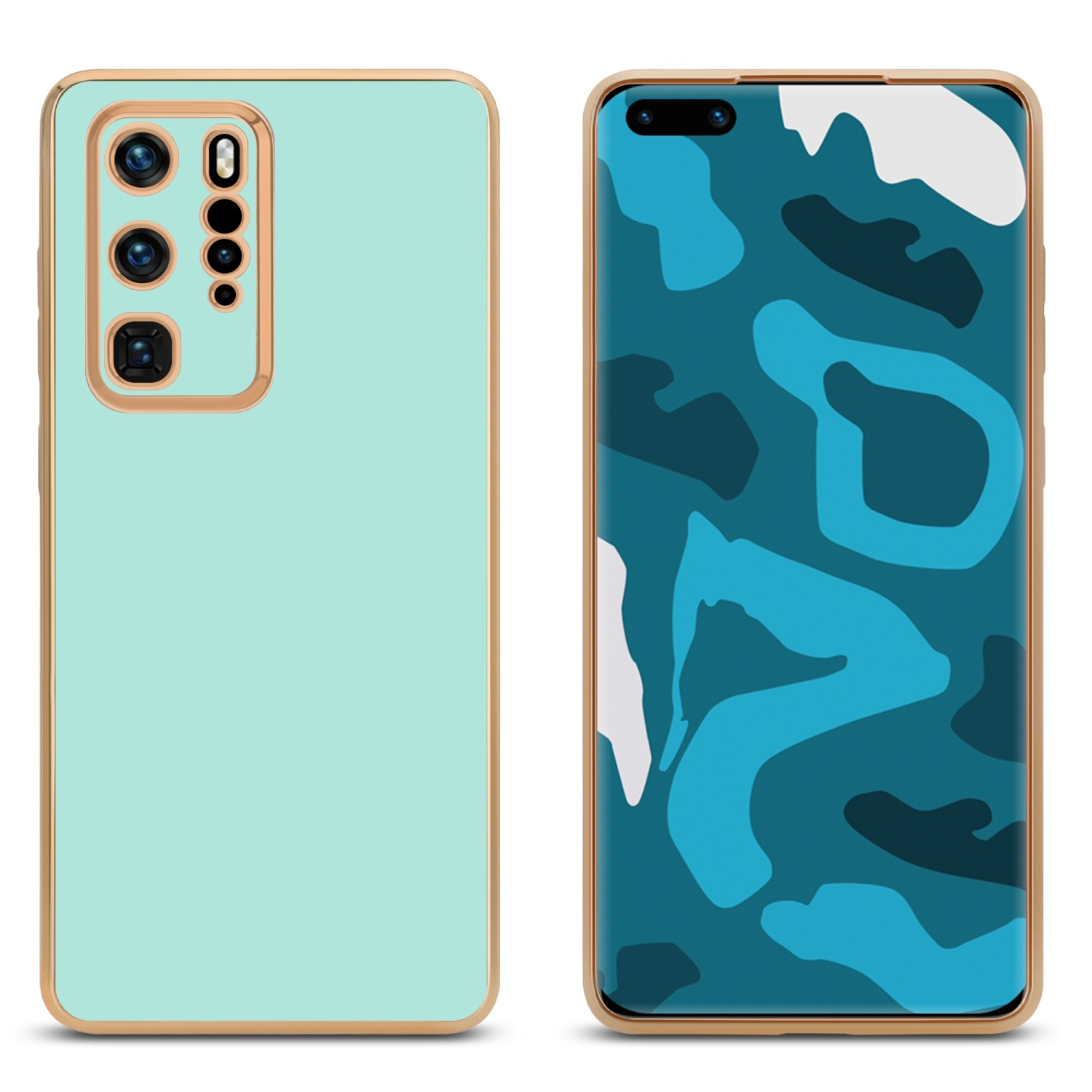 Zwei Handyhüllen. Eine türkisfarbene und eine mit Camouflage-Bildschirm. Beide haben goldene Ränder.