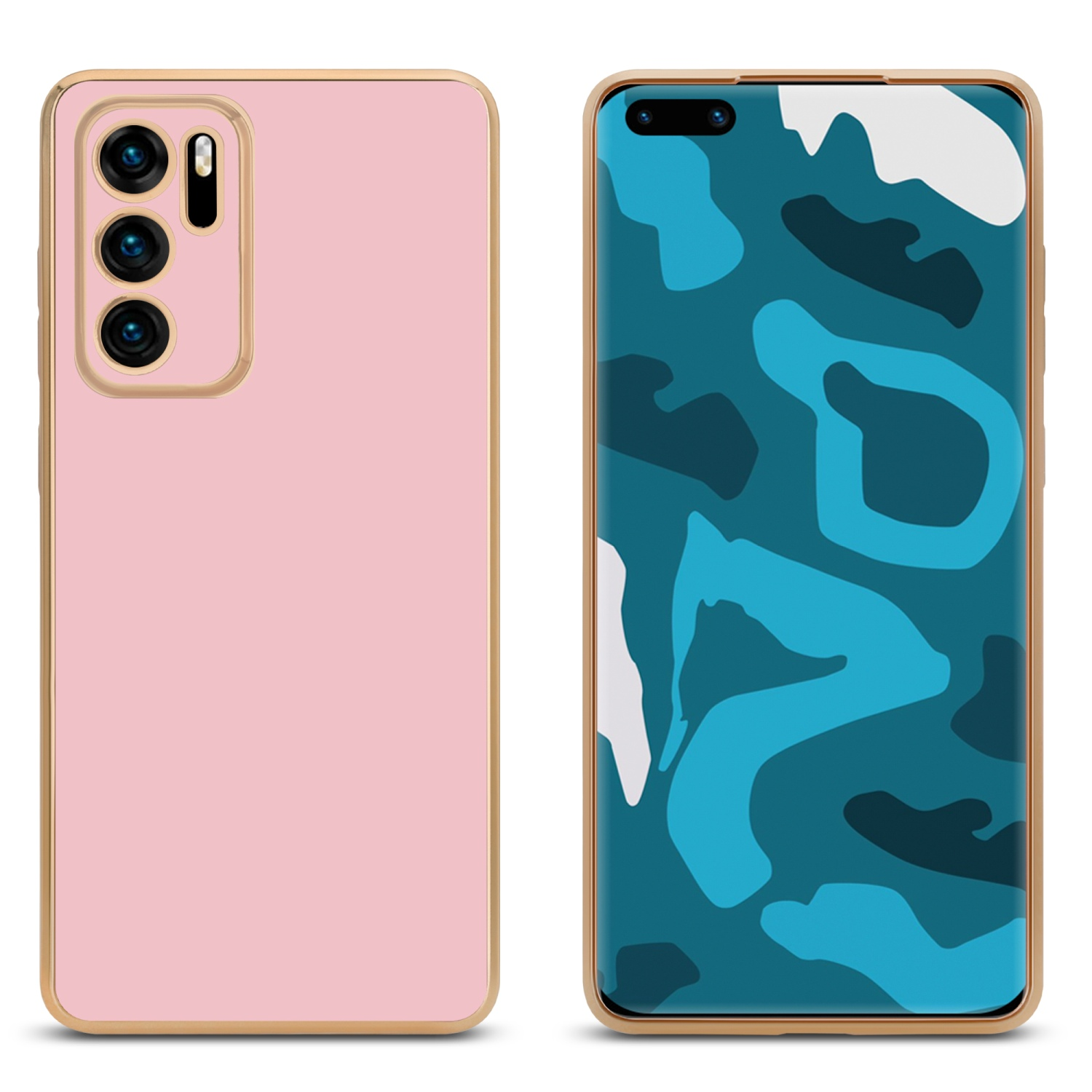 Rosa Handyhülle mit goldenem Rand, neben einem Telefon mit blau-weißem Design.
