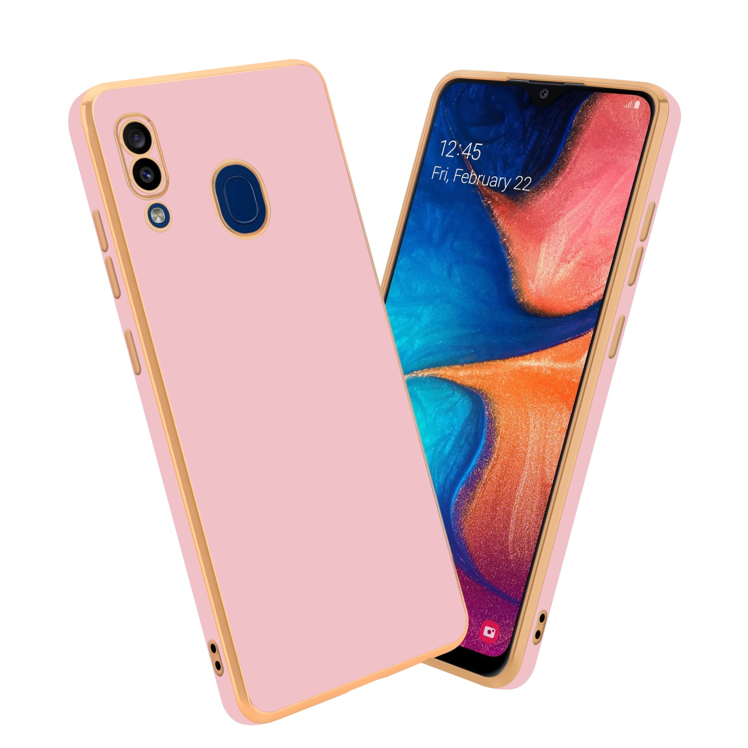 Rosa Telefon mit goldener Hülle. Der Bildschirm zeigt eine Benutzeroberfläche.