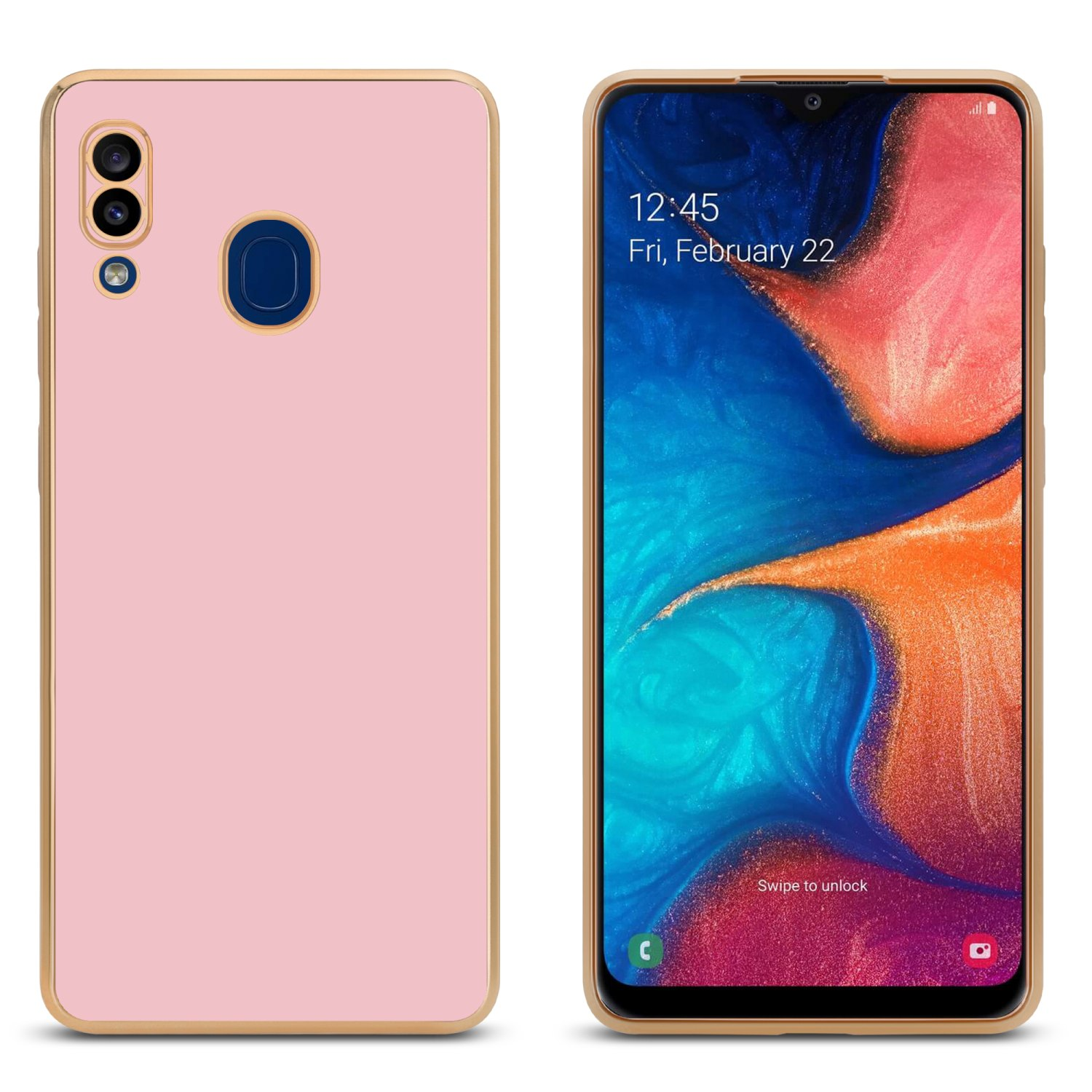 Eine rosa Handyhülle mit goldenem Rahmen. Das Telefon zeigt den Bildschirm mit der Uhrzeit.