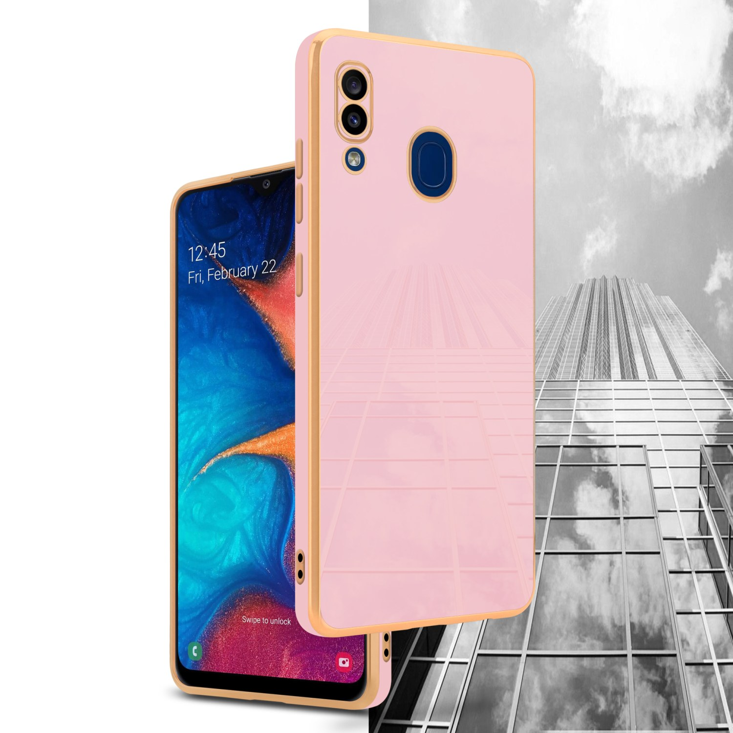 Zwei Telefone, eines mit rosa Handyhülle, goldenem Rand und einem Gebäude im Hintergrund reflektiert.