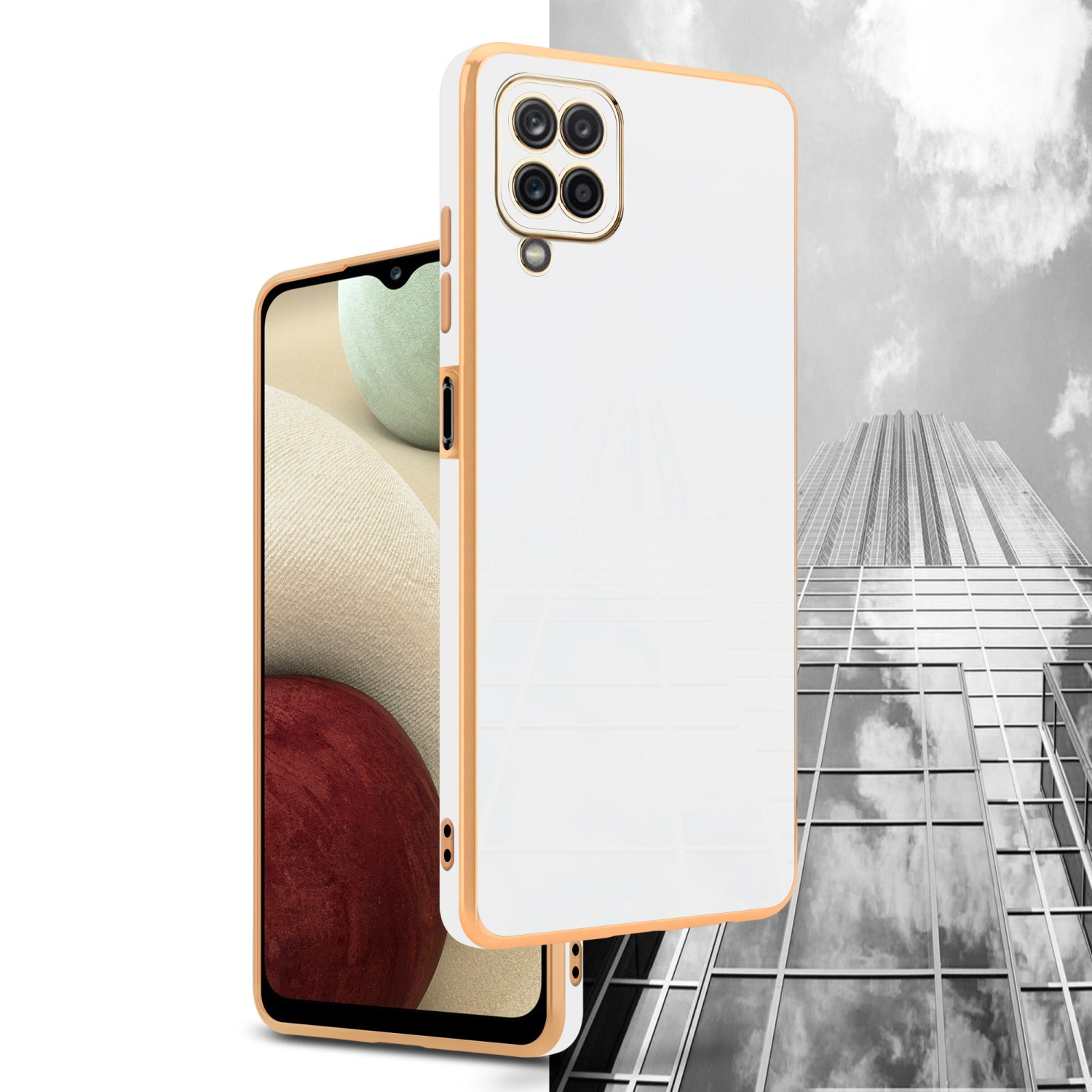 Weißes Handy-Etui mit goldfarbenem Besatz, ein Telefon ist teilweise eingesetzt. Ein Wolkenkratzer-Hintergrund ist sichtbar.