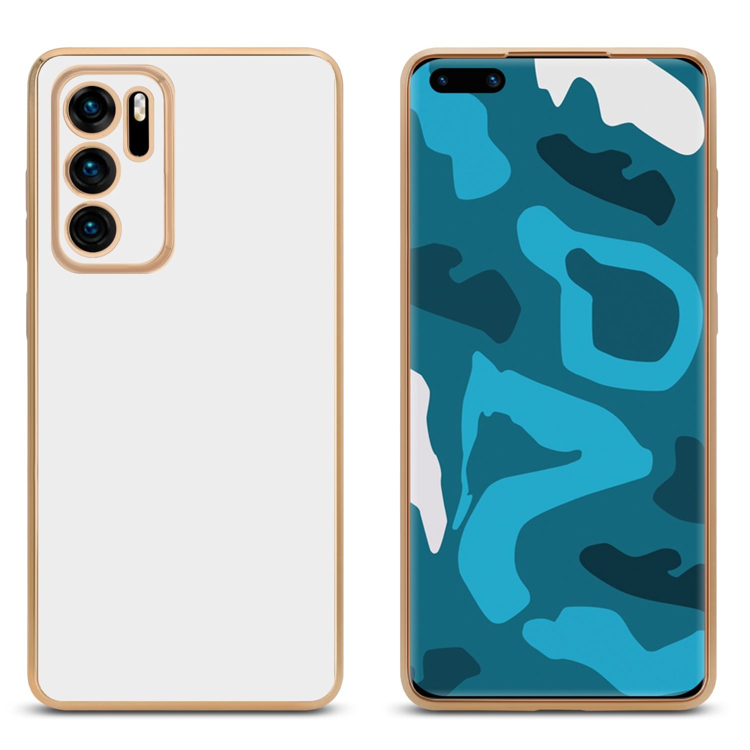 Zwei Telefone, eines weiß mit goldener Zierleiste, das andere mit blauem Camouflage-Design.