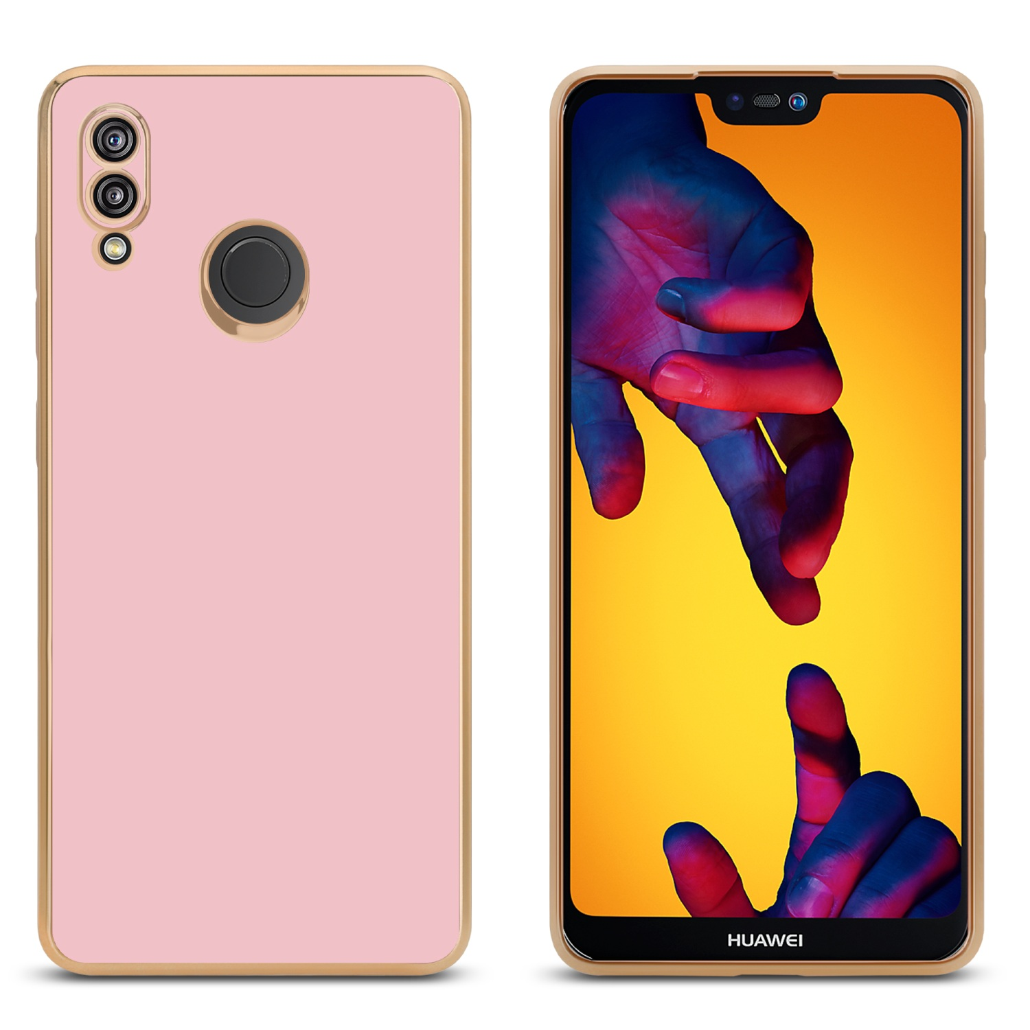 Zwei Telefone. Eines zeigt einen farbenfrohen Bildschirm. Das andere in einem rosa Case mit goldenen Zierleisten. Hände im Hintergrund.