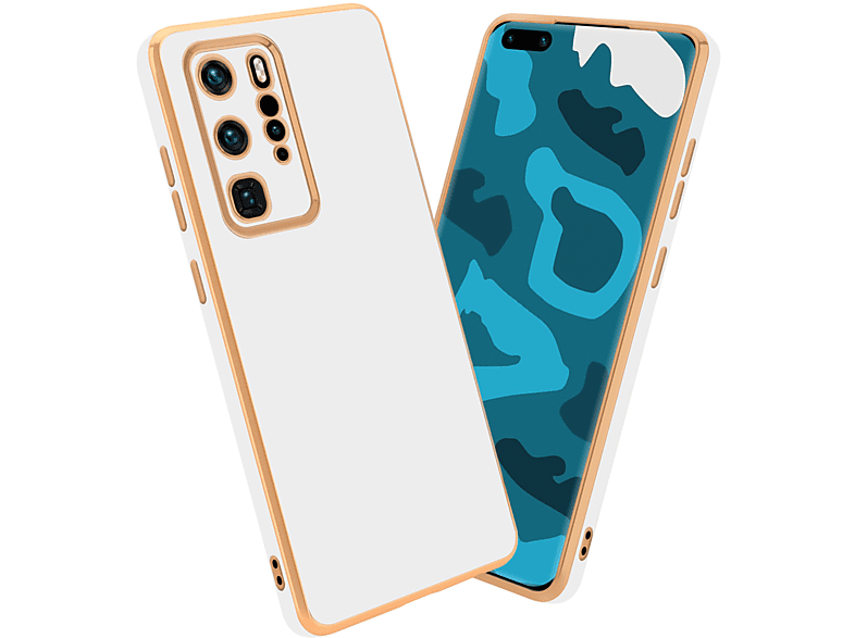 CADORABO Handyhülle mit Kameraschutz, Backcover, Huawei, P40 PRO / P40 PRO+, Glossy Weiß - Gold | Backcover