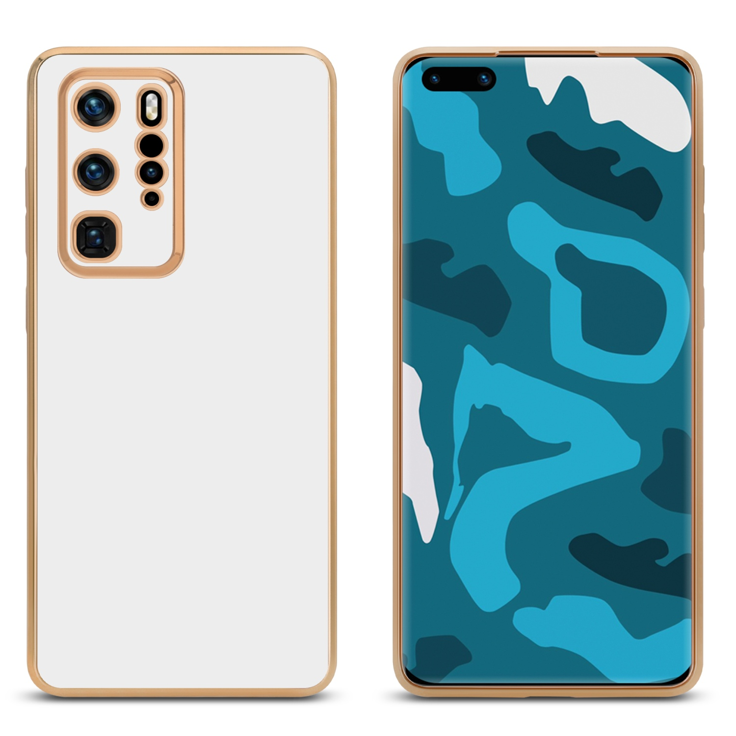 Zwei Telefone nebeneinander, eines weiß, eines mit blauem Camouflage-Muster.