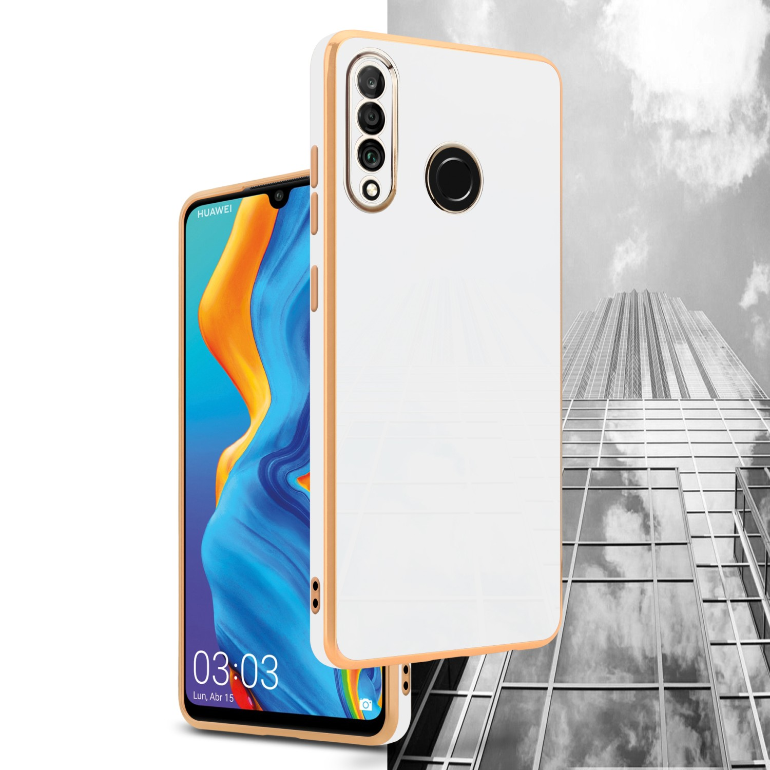 Telefon mit weißer Hülle und goldenem Rand, neben einem zweiten Telefon. Im Hintergrund ein Gebäude.