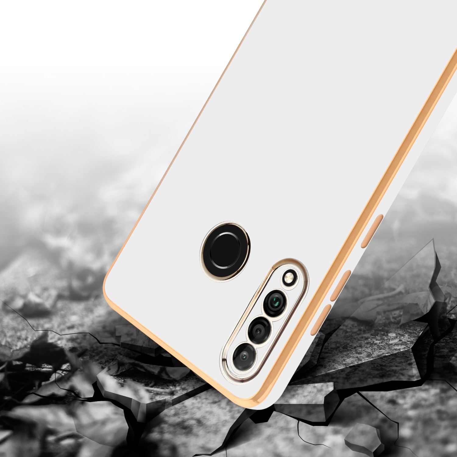 Weiße Handyhülle mit goldenem Rahmen. Das Telefon scheint sich auf einer zerbrochenen Oberfläche zu befinden.