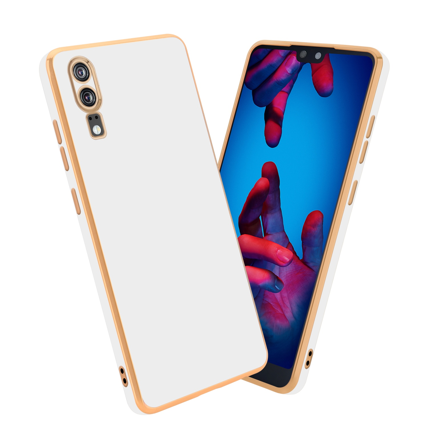 Zwei weiße Smartphones mit Goldrahmen. Eines zeigt ein Handbild, das andere ist eine Handyhülle.