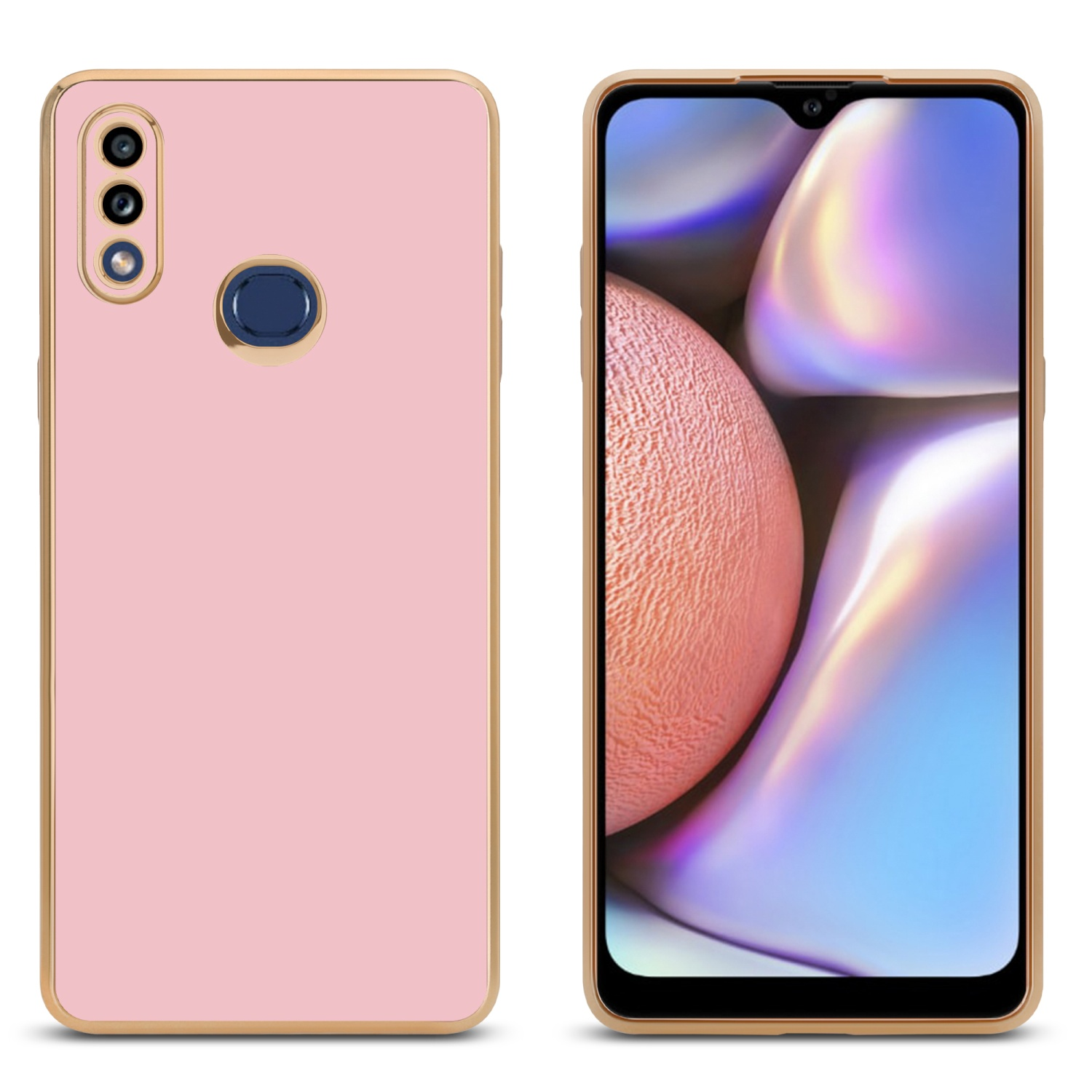 Zwei Smartphones: eines rosa, eines schwarz, mit goldenen Zierleisten, auf weißem Hintergrund.