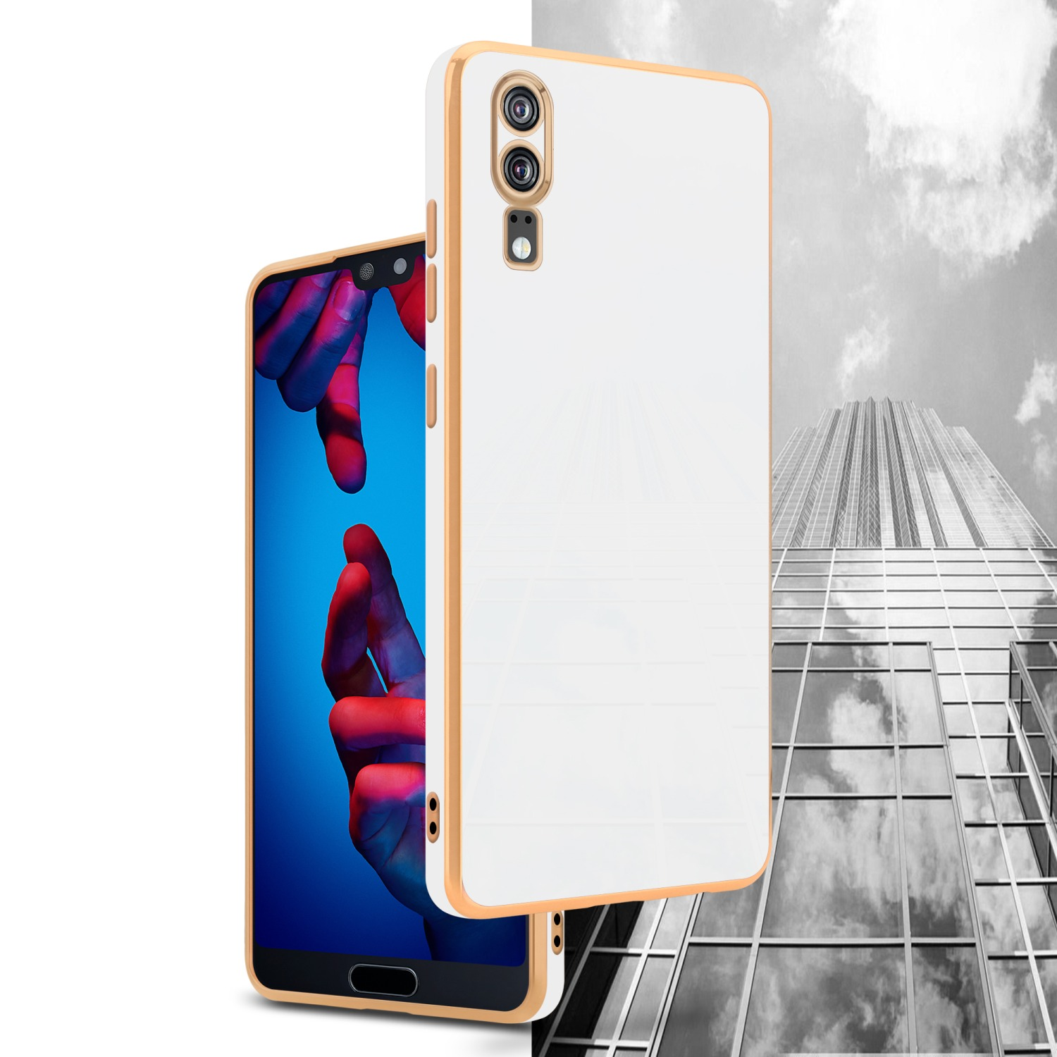 Eine weiß-goldene Handyhülle auf einem Telefon, mit Stadt Hintergrund in Schwarz-Weiß.