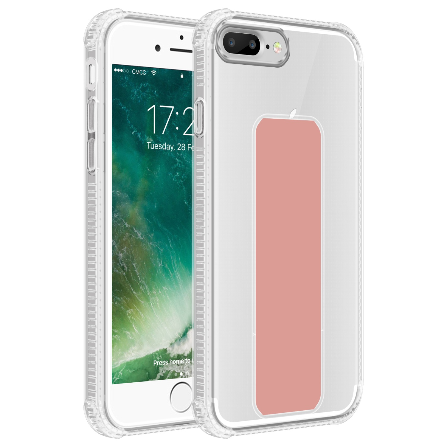 Transparente Handyhülle auf einem weißen Telefon. Die Hülle ist klar mit einem rosa Rechteck hinten.
