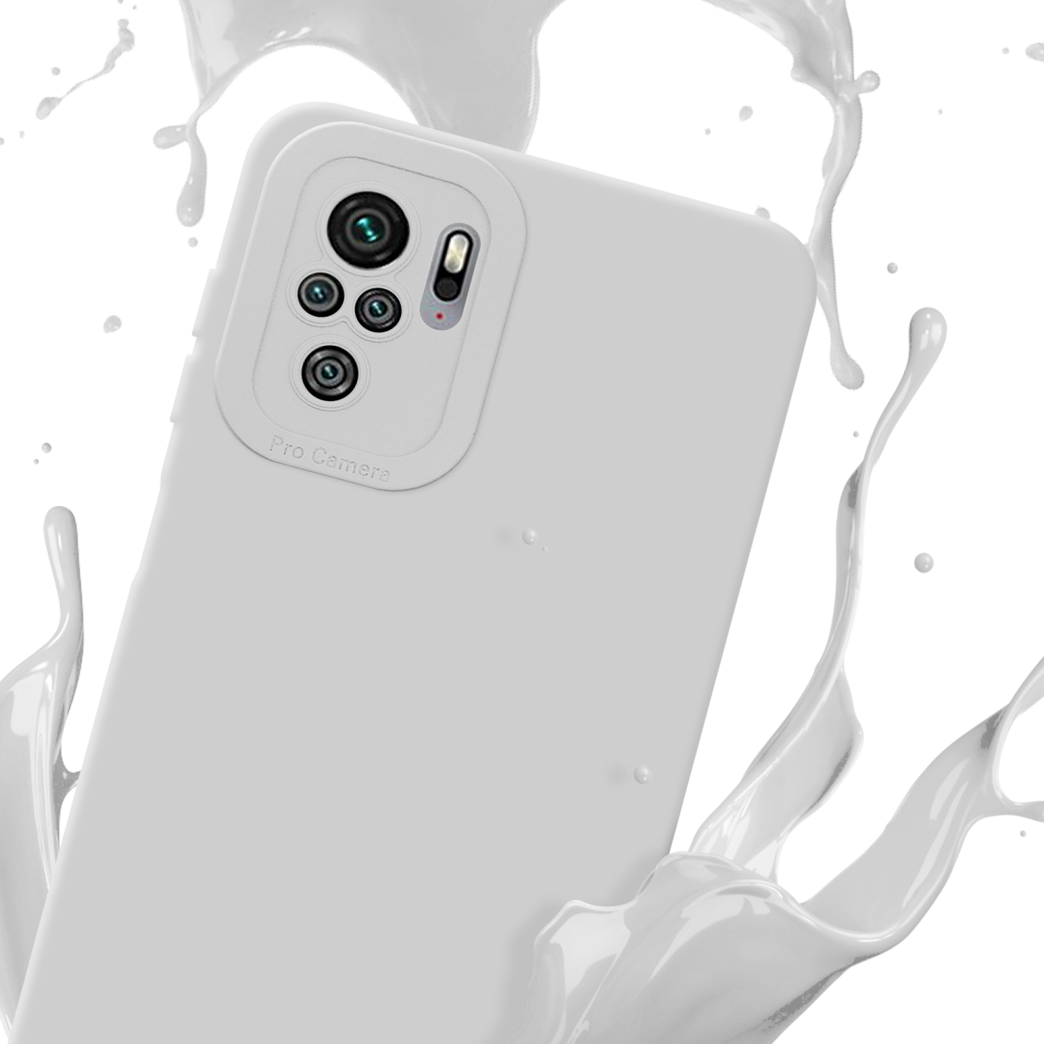 Una custodia bianca con spruzzi di liquido bianco intorno, che suggeriscono un design pulito.