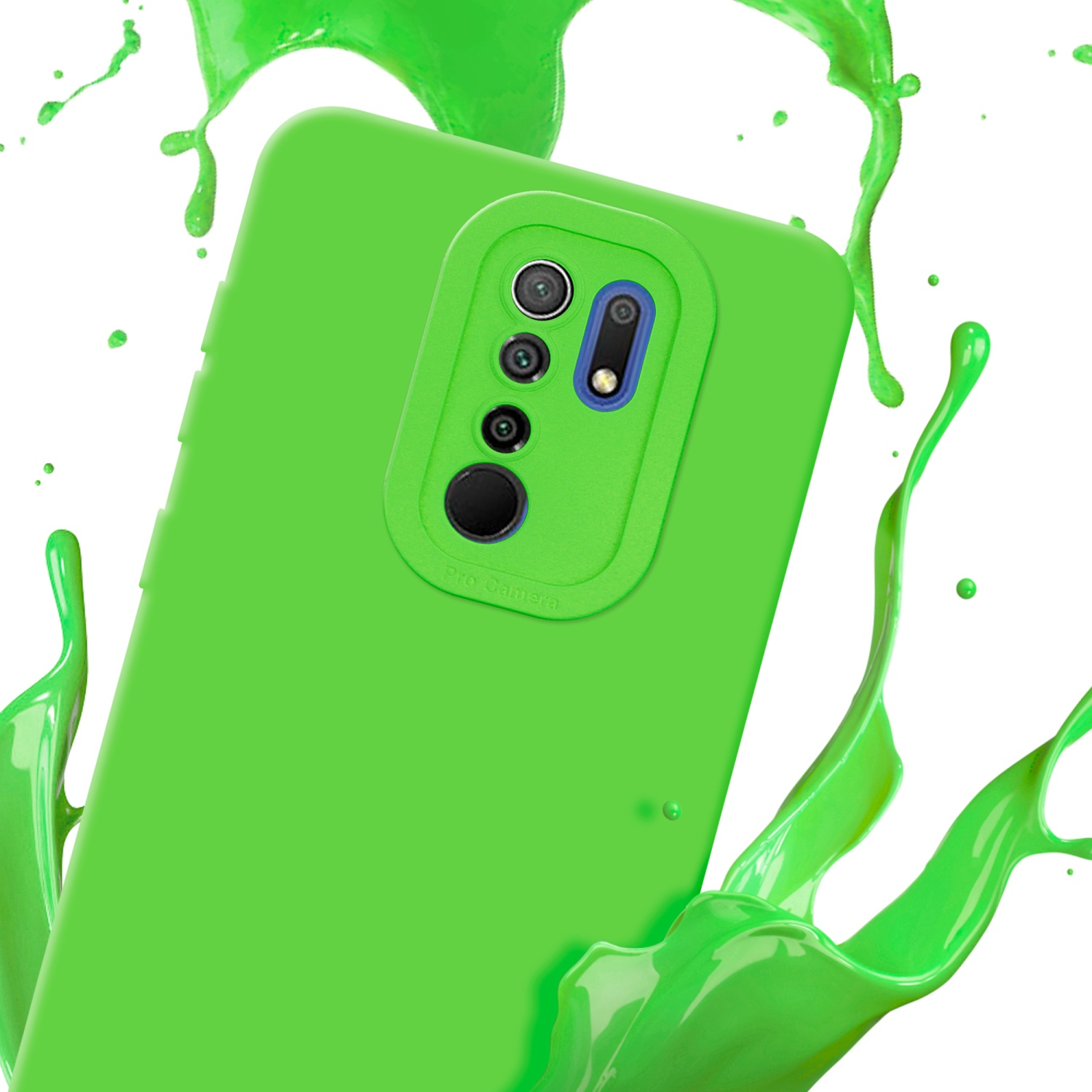 Una custodia per telefono verde lime con tre fotocamere, circondata da schizzi di vernice verde.