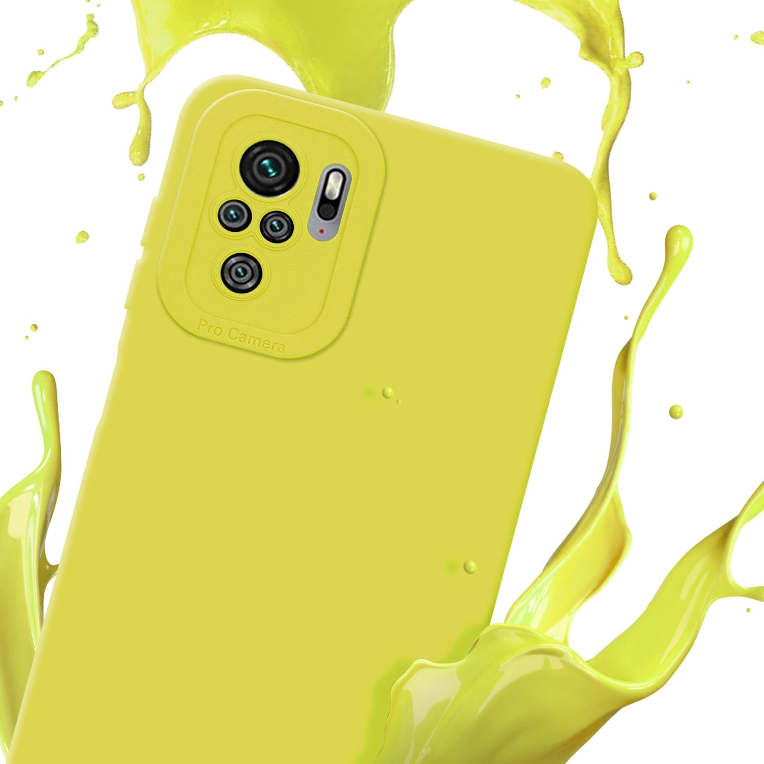 Una custodia per telefono gialla con etichetta Pro Camera ed effetti di spruzzi di liquido su sfondo bianco.