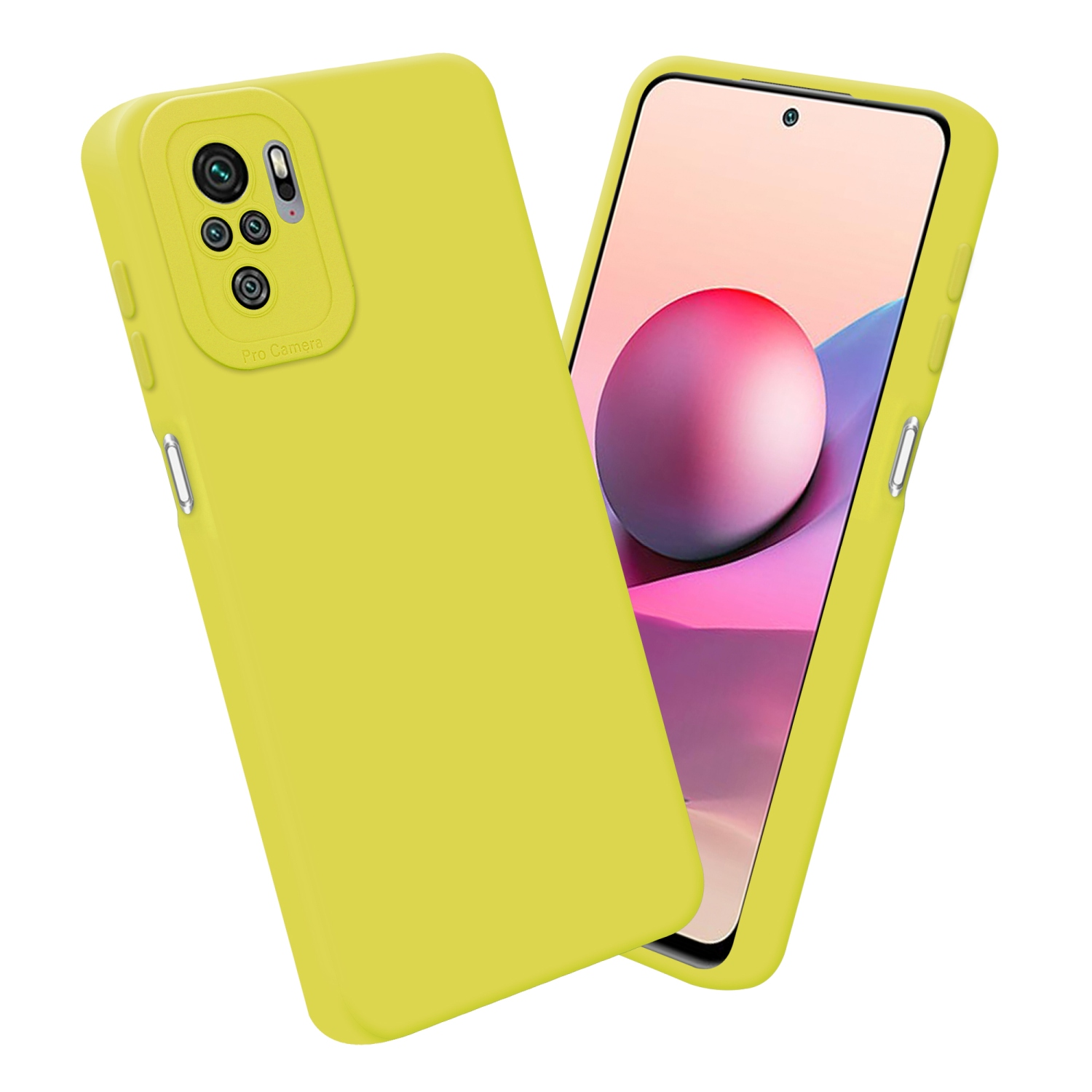 Custodia gialla con dettaglio fotocamera, con un telefono che mostra uno schermo colorato.